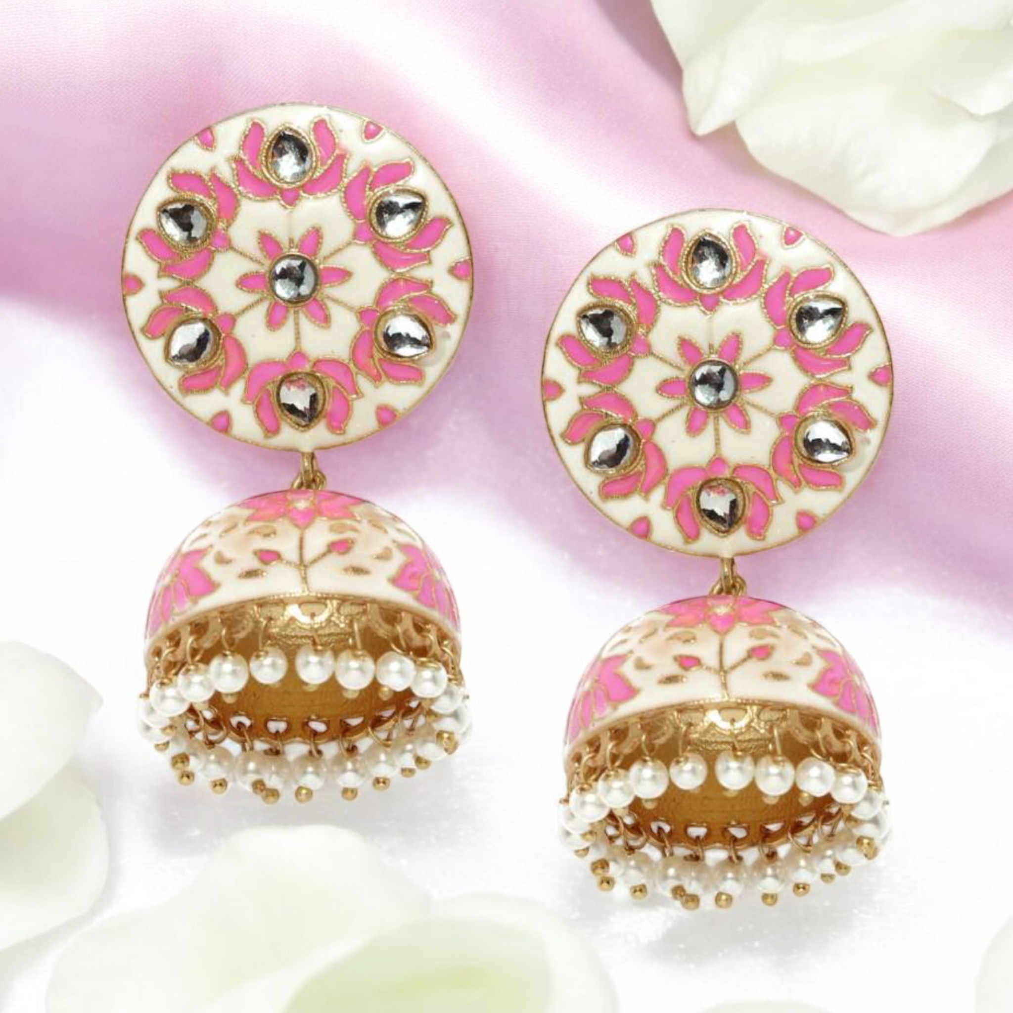 Lavish Giftz Gold Plated Off-White and Pink Enamelled Jhumka Earrings