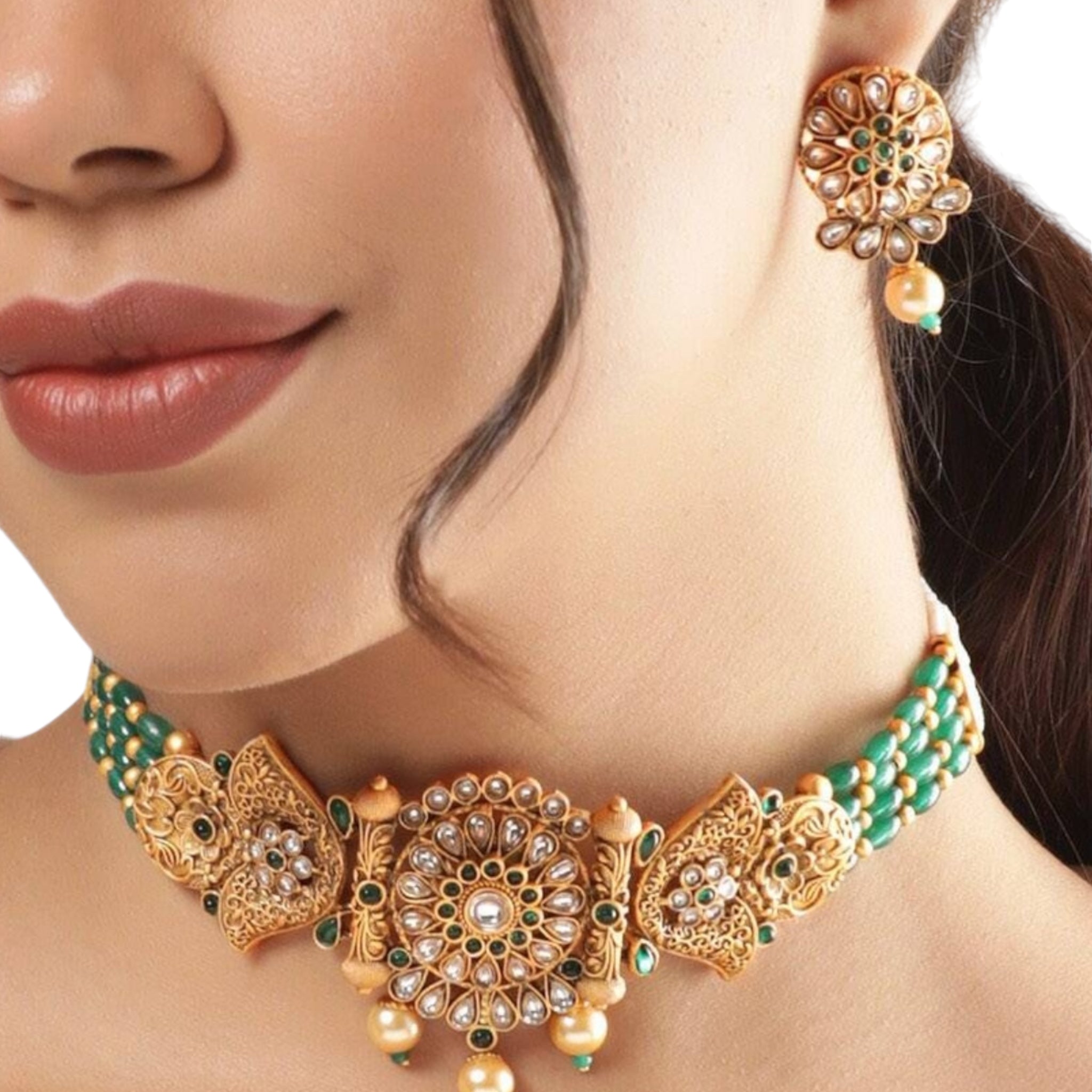 Lavish Giftz Gold Plated Green Stone and Kundan Studded Handcrafted Choker Necklace Set