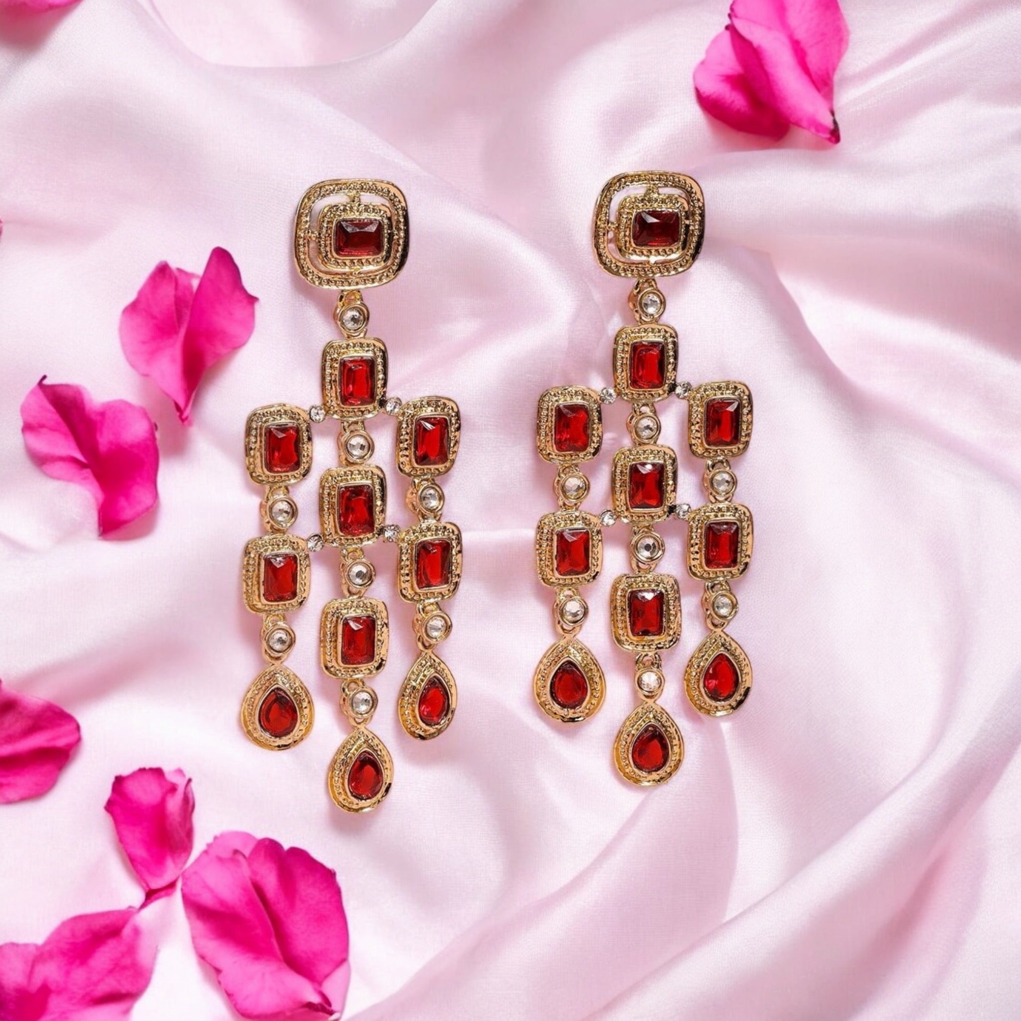 Lavish Giftz Gold Plated Ruby Red Zirconia Studded Dangle Earrings
