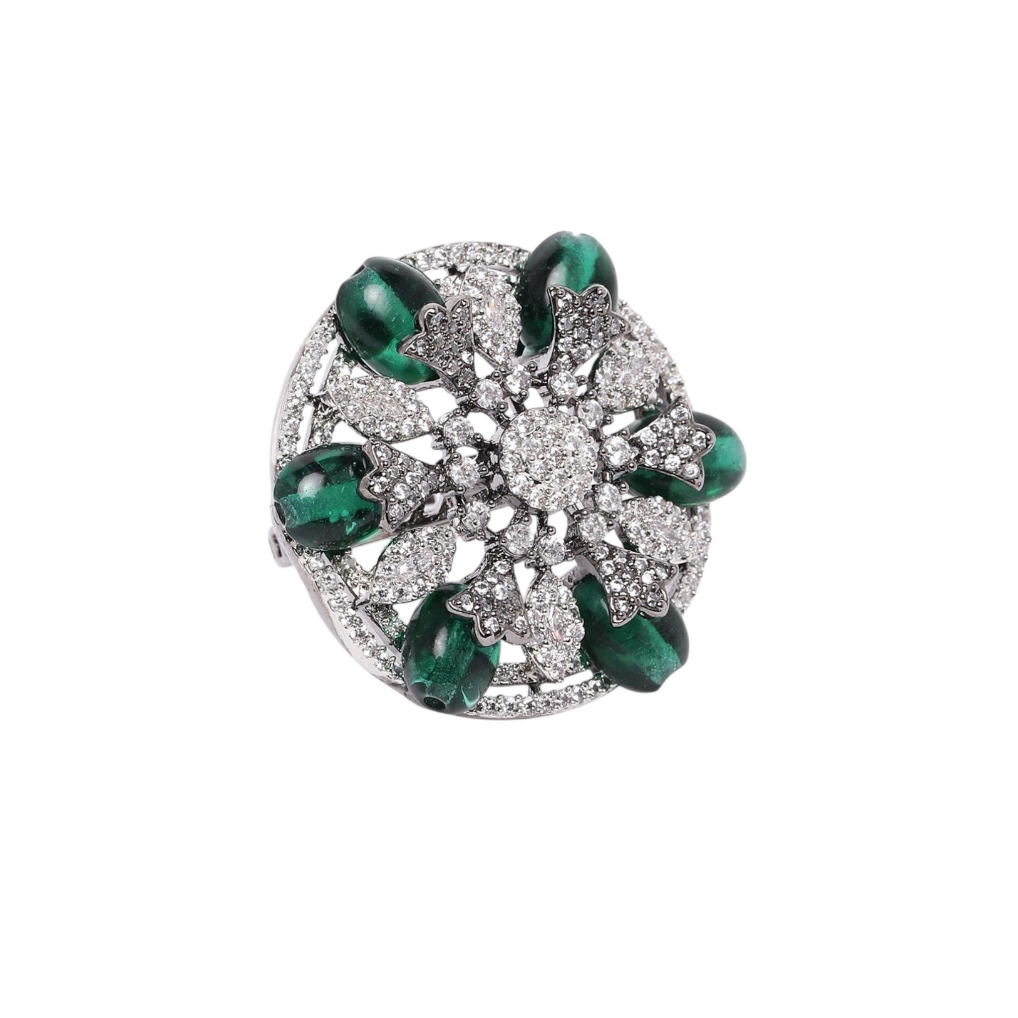 Lavish Giftz Adjustable Cubic Zirconia Green Statement Ring With Black Plating