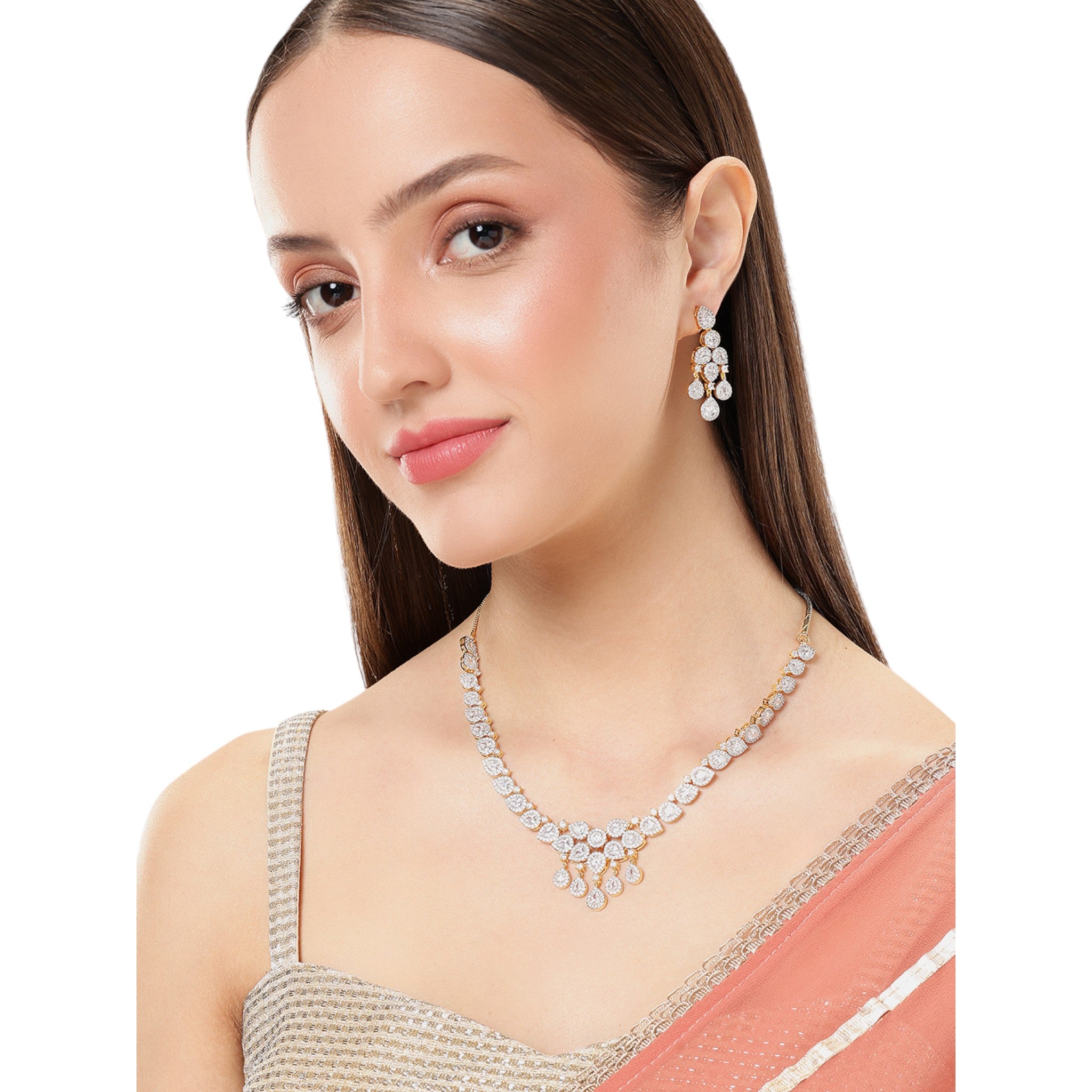 Gold Plated White AD-Studded Jewellery Set