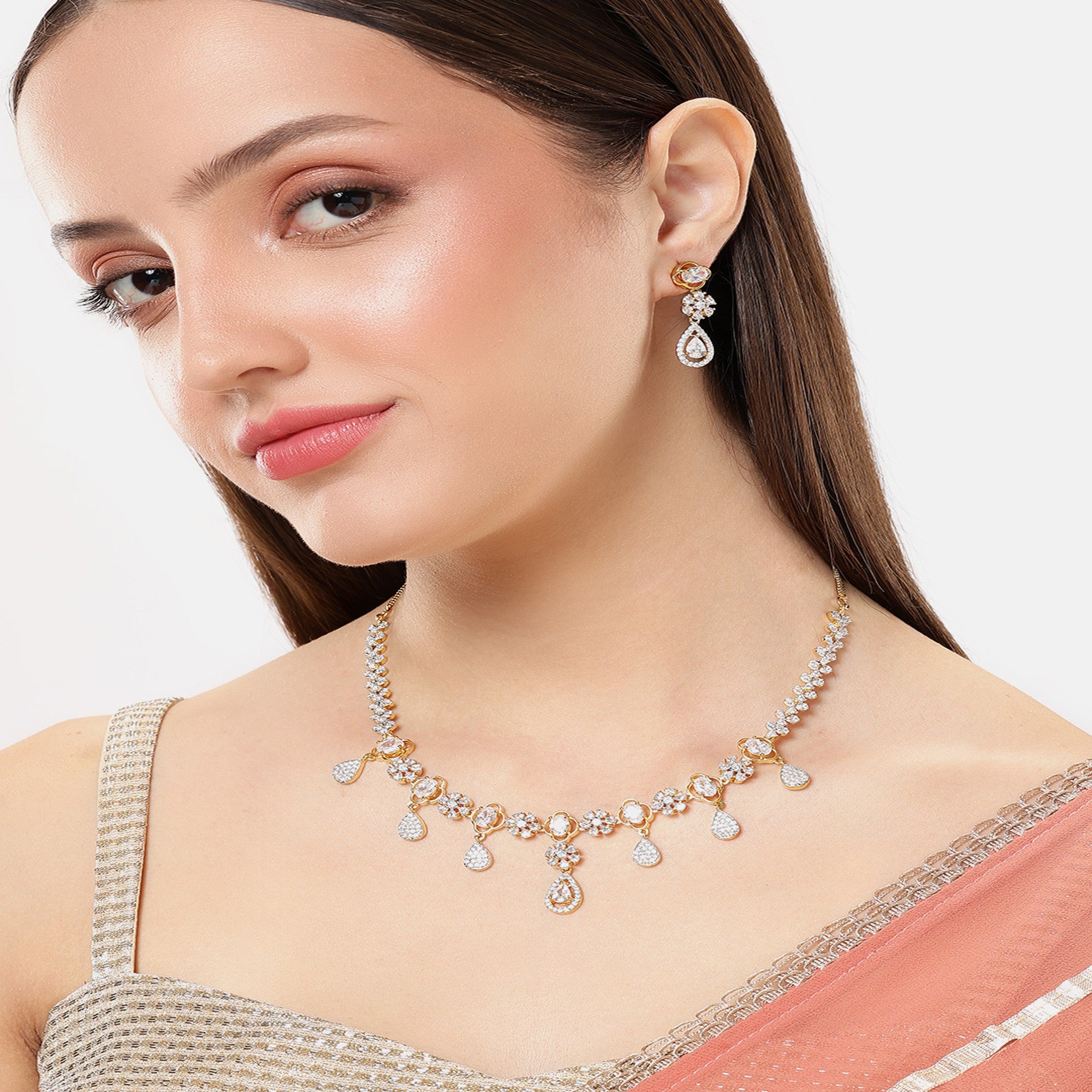 Gold Plated Flower White AD-Studded Jewellery Set