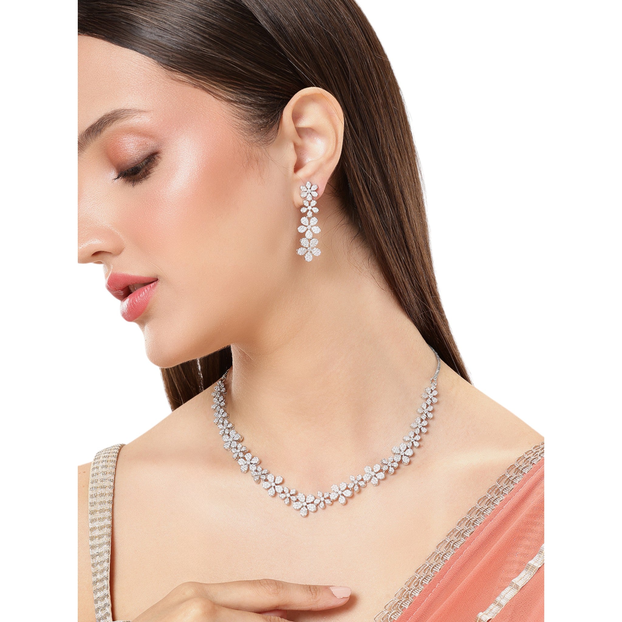 Rhodium-Plated Silver AD-Studded Jewellery Set