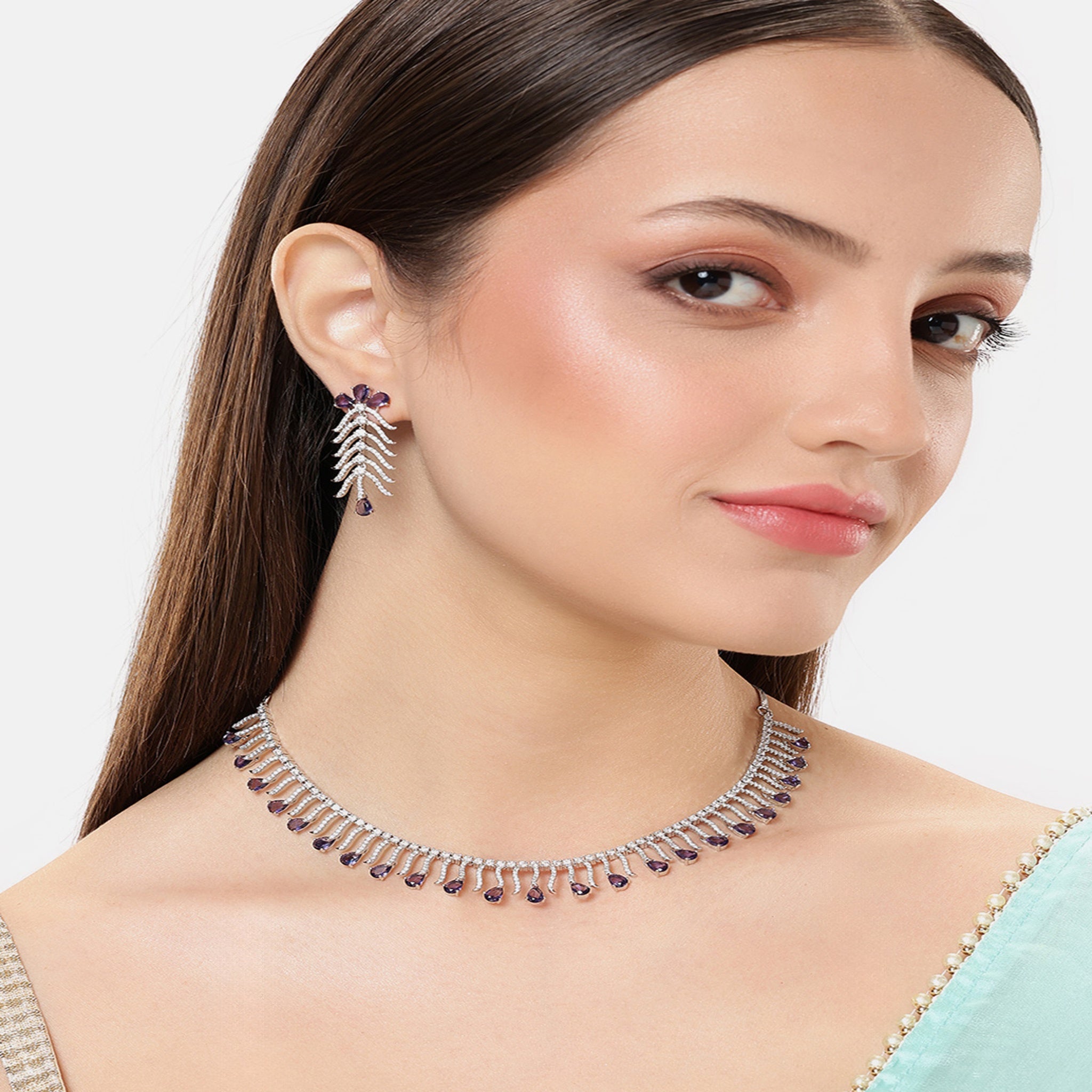 Rhodium-Plated White & Purple AD-Studded Jewellery Set