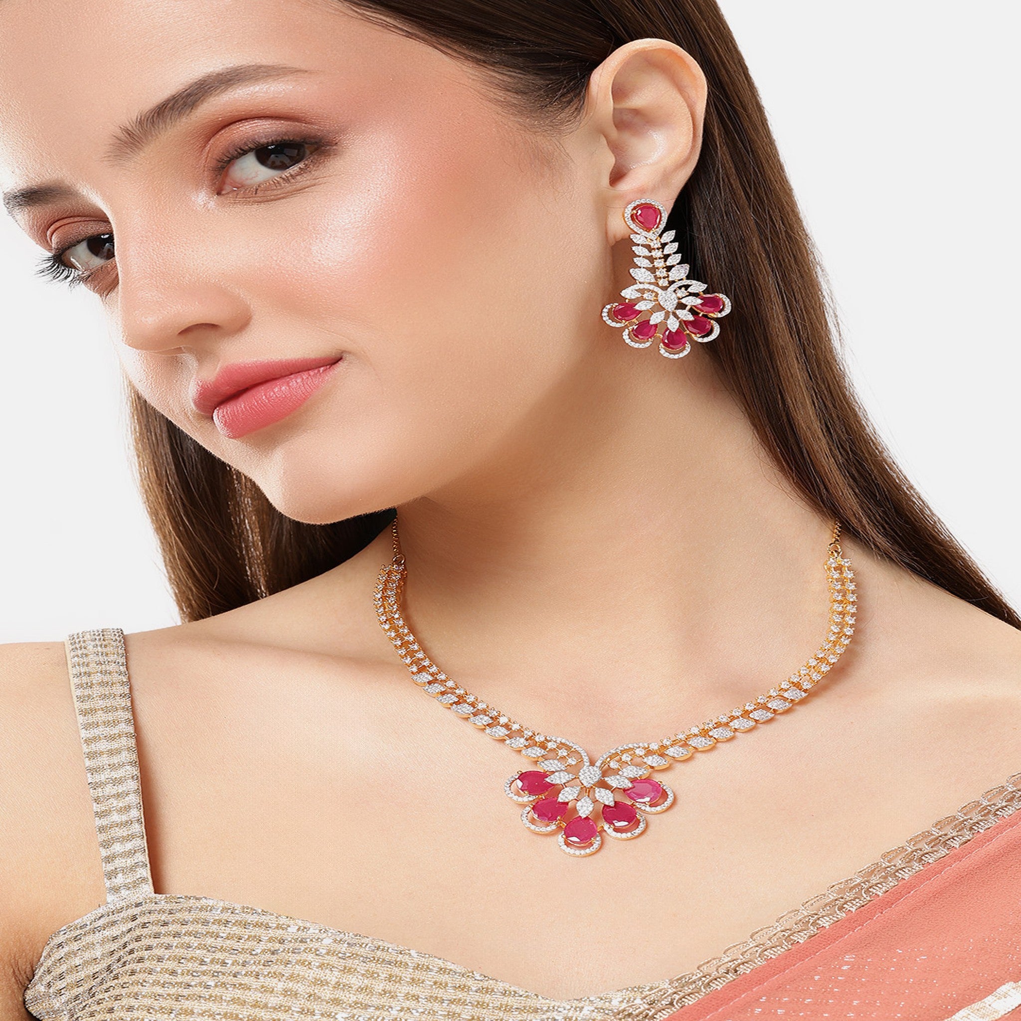 Gold Plated White & Ruby AD-Studded Jewellery Set