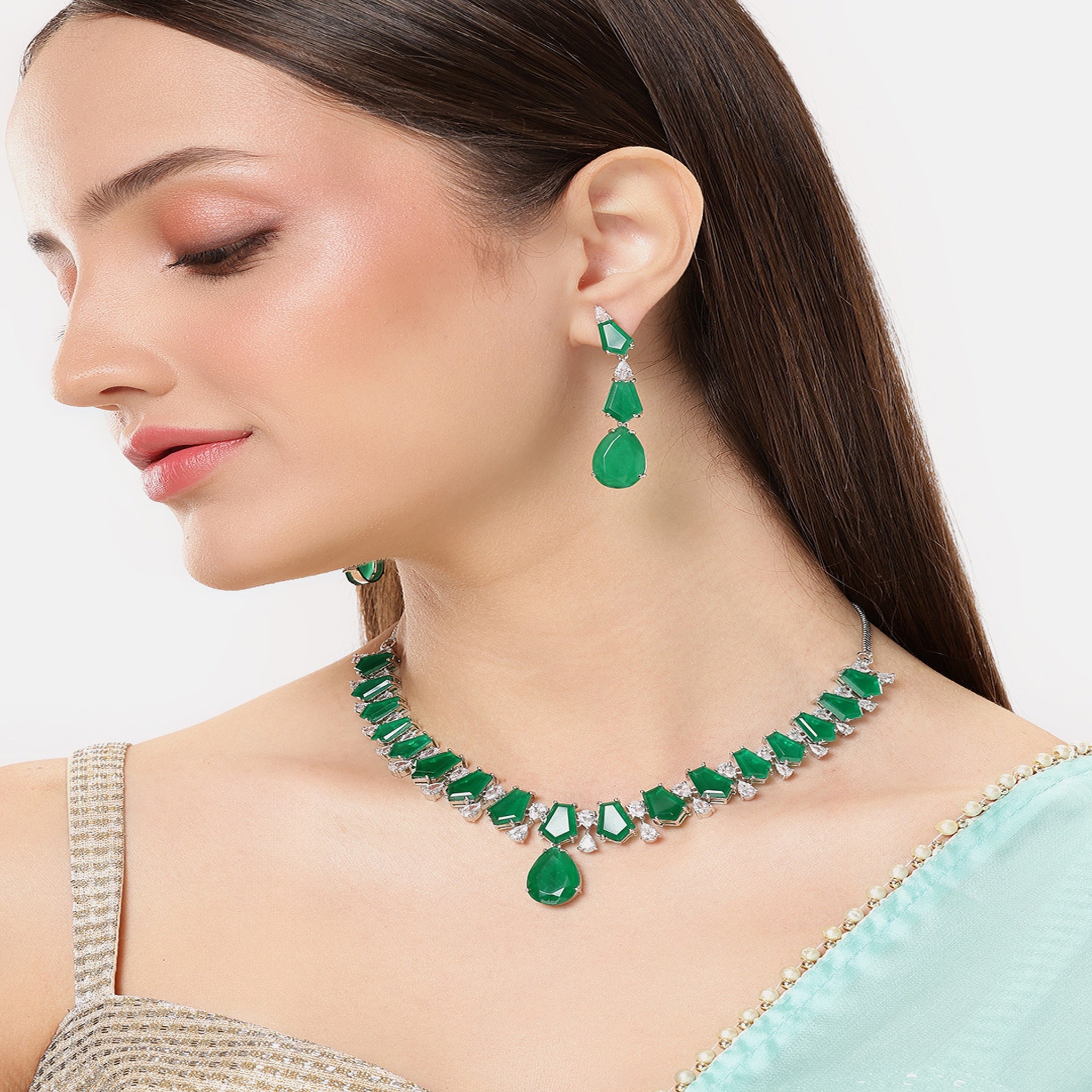 Rhodium-Plated Silver-Toned & Emerald Green AD-Studded Jewellery Set