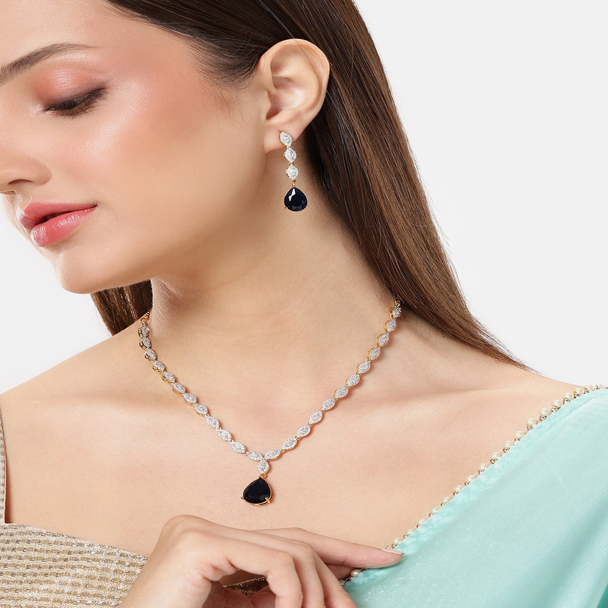 Gold Plated AD-Studded Navy Blue Jewellery Set