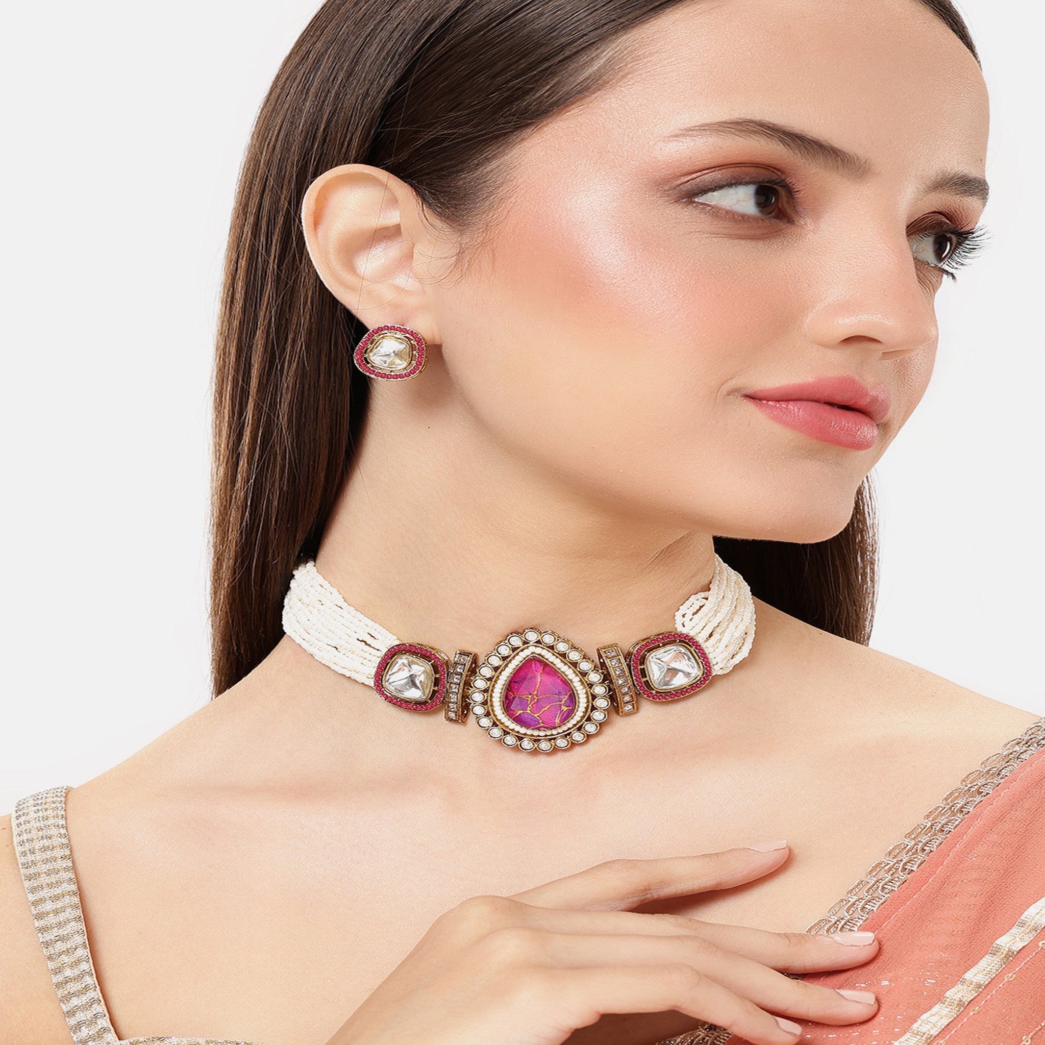 Antique Beaded Purple Choker Necklace Set
