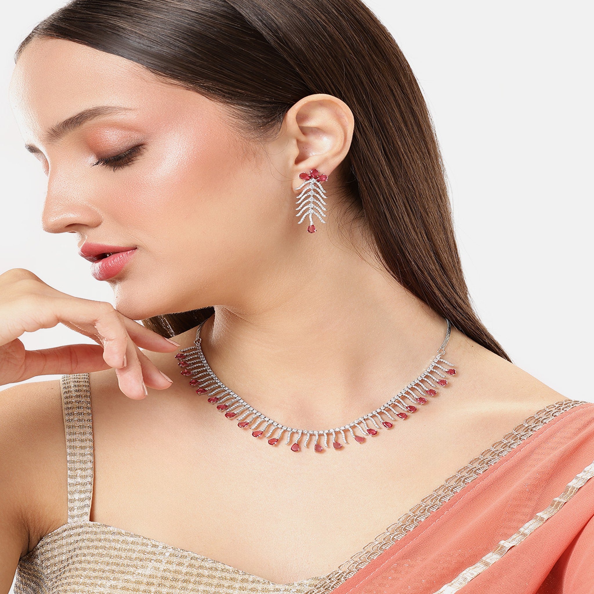 Rhodium-Plated White & Rani AD-Studded Jewellery Set