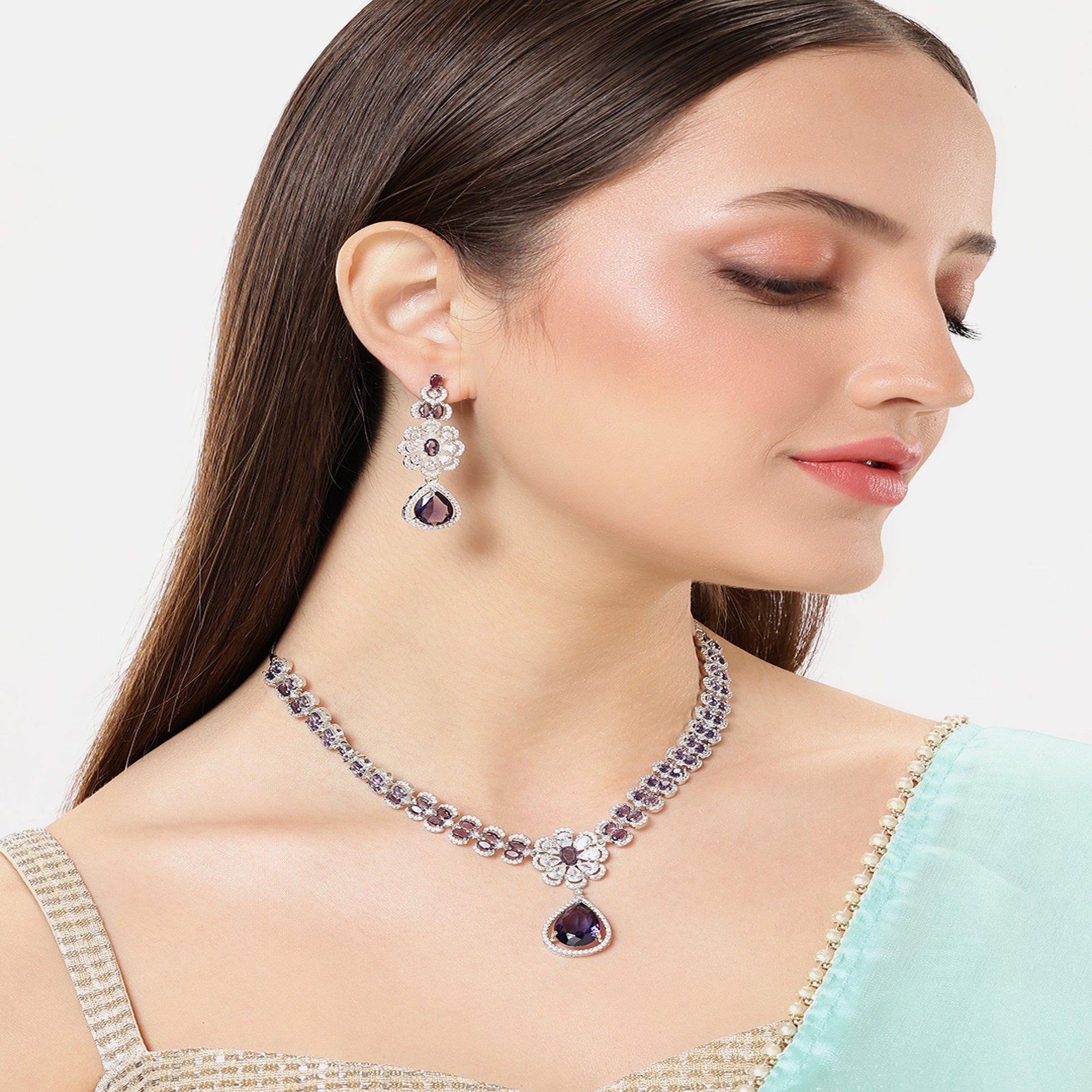 Rhodium-Plated Silver-Toned & Purple AD-Studded Jewellery Set