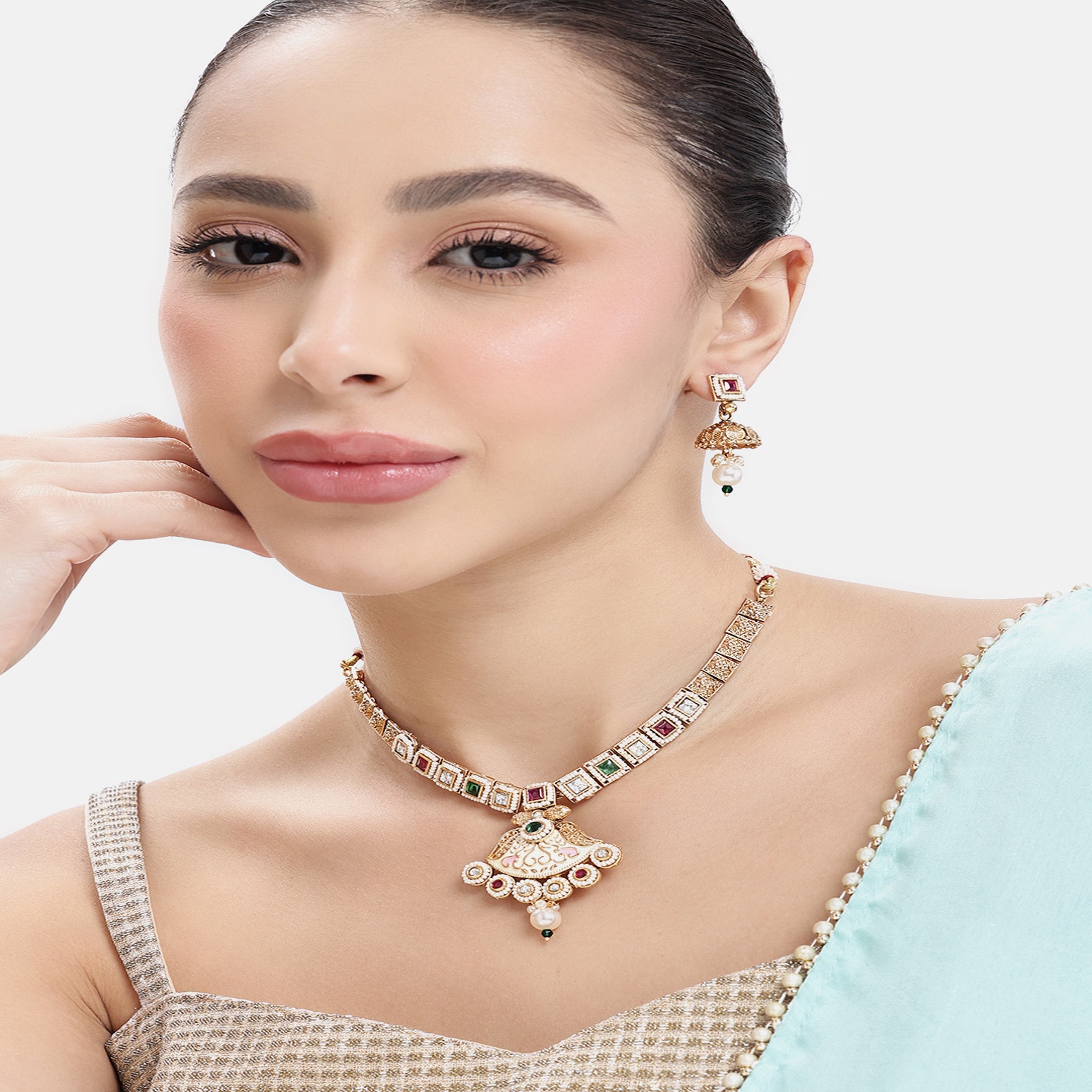 Gold Plated Antique Ruby Green Enamelled Necklace Set
