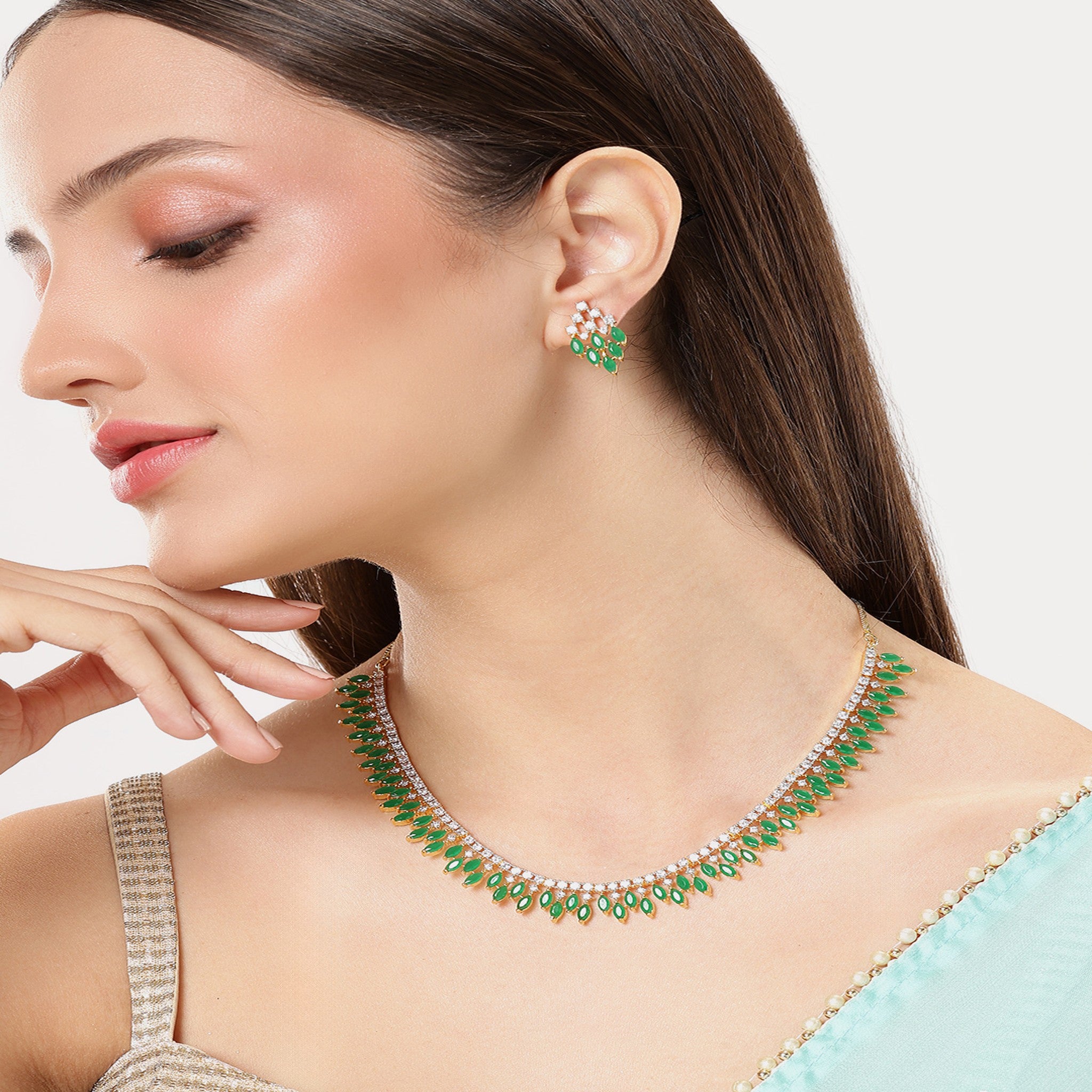 Gold Plated Green AD-Studded Jewellery Set
