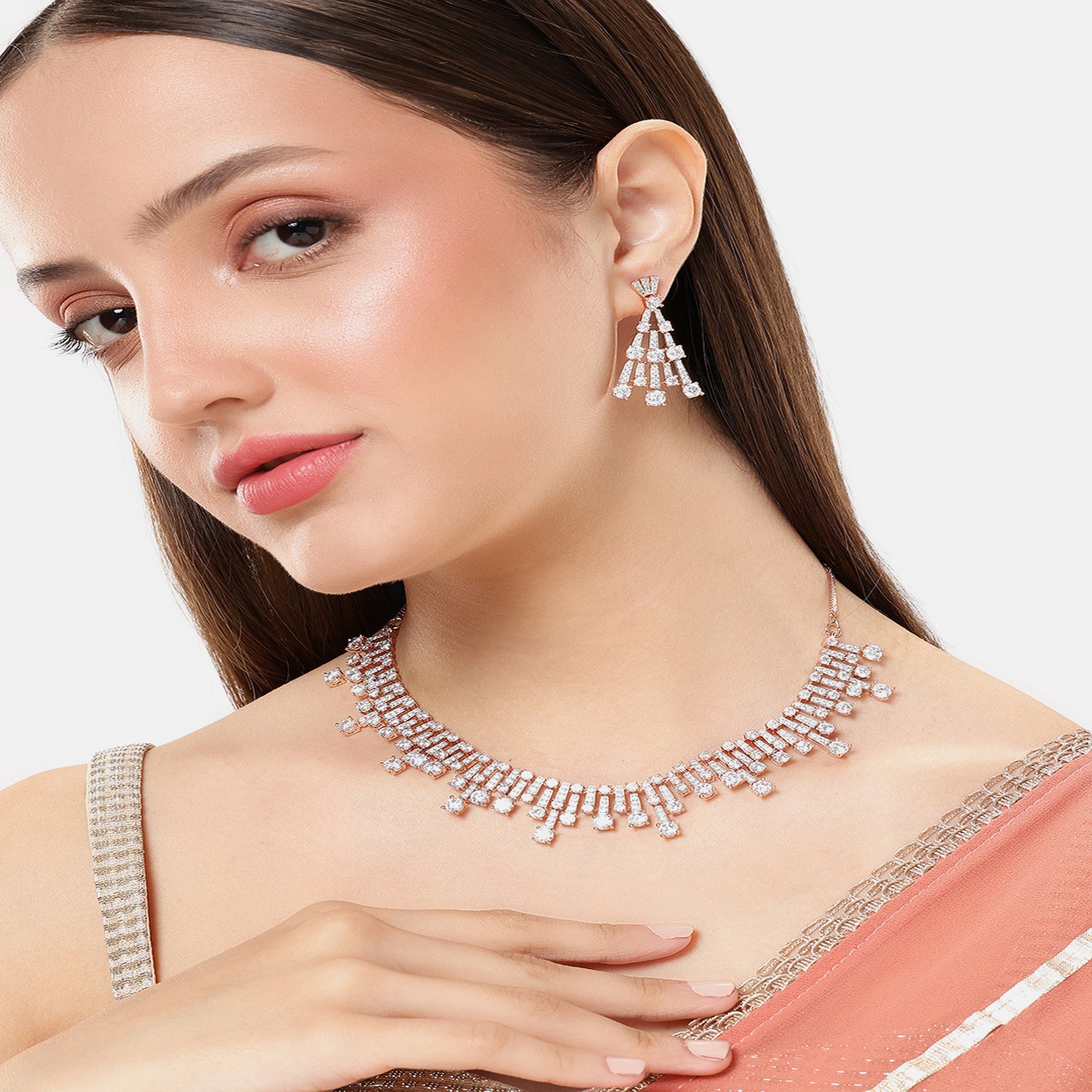 Rose Gold Plated White AD-Studded Jewellery Set
