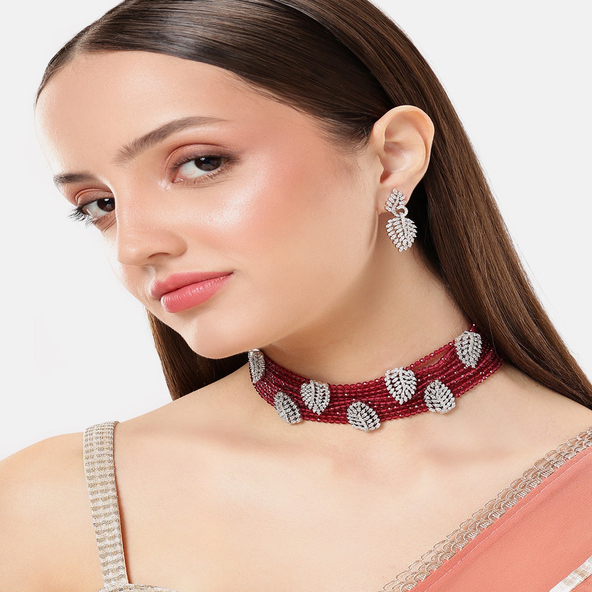 Rhodium-Plated Ruby Choker AD-Studded Jewellery Set
