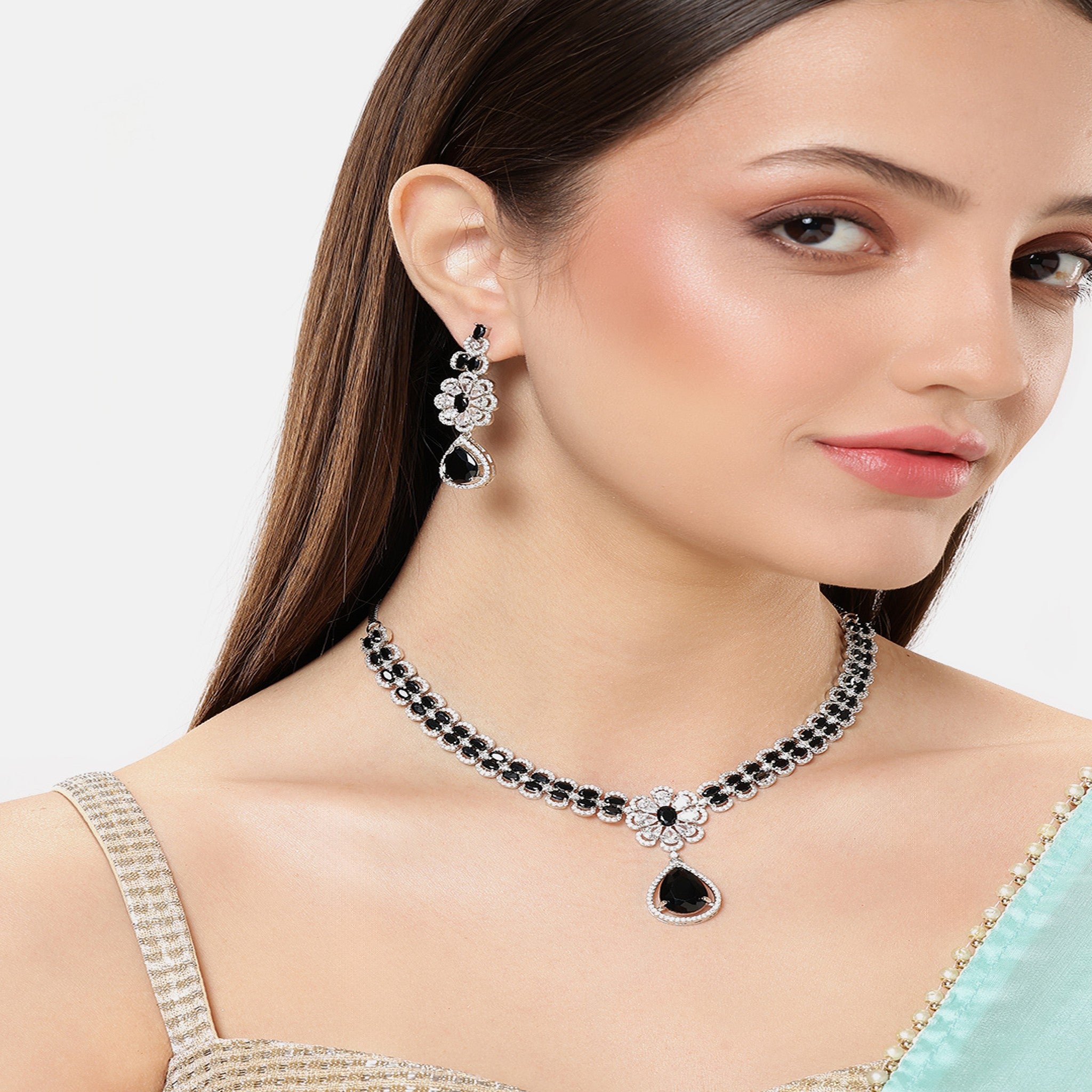 Rhodium-Plated Silver-Toned & Black AD-Studded Jewellery Set