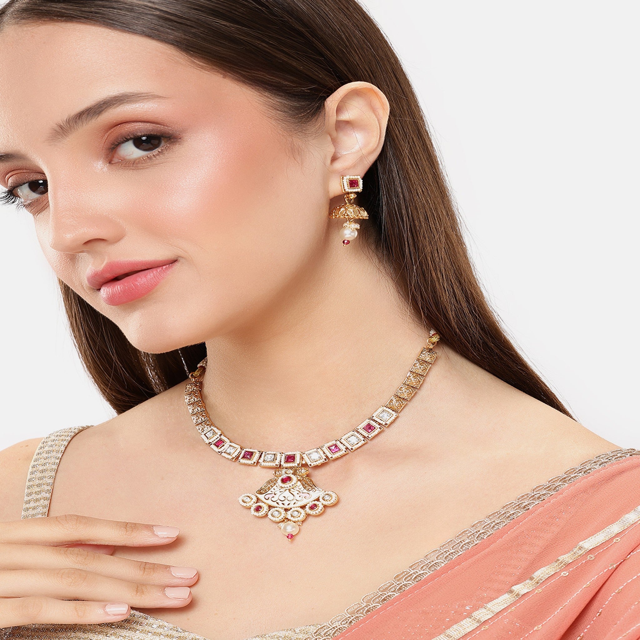 Gold Plated Antique Ruby Enamelled Necklace Set