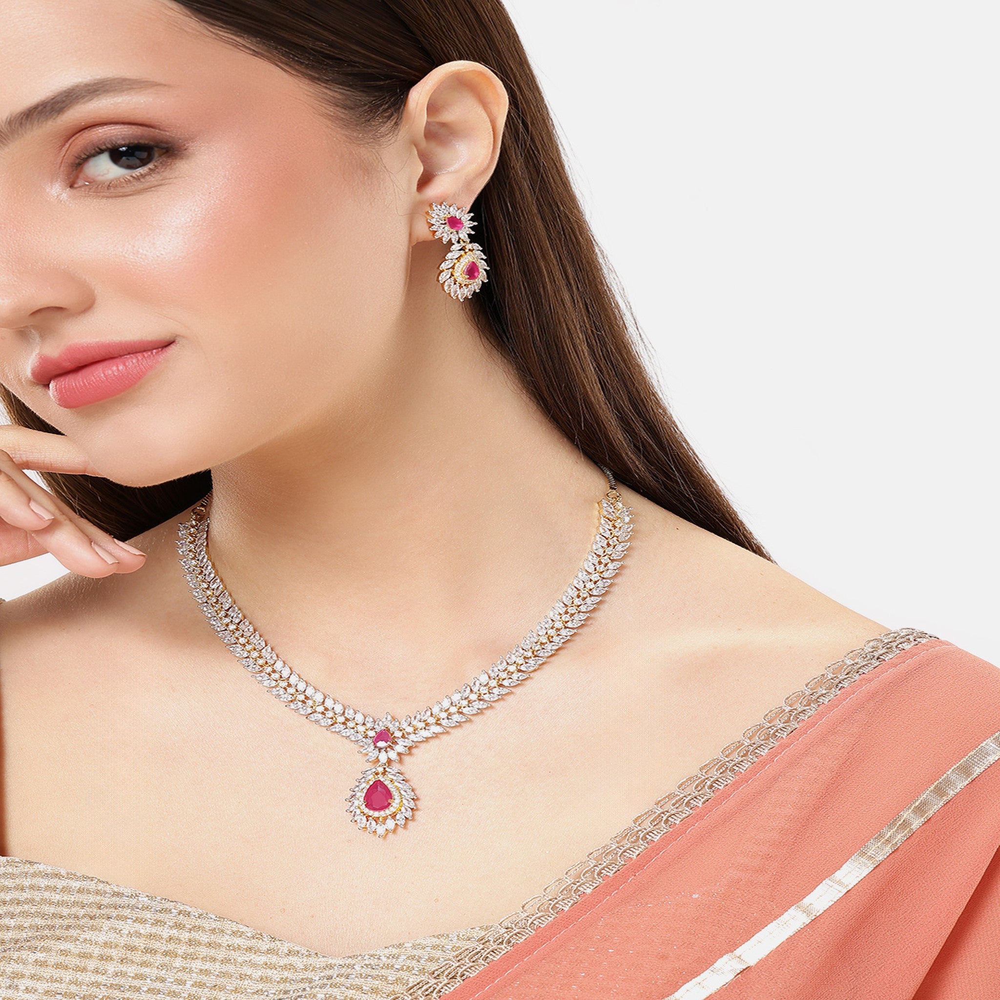 Gold Plated Ruby Pink AD-Studded Jewellery Set