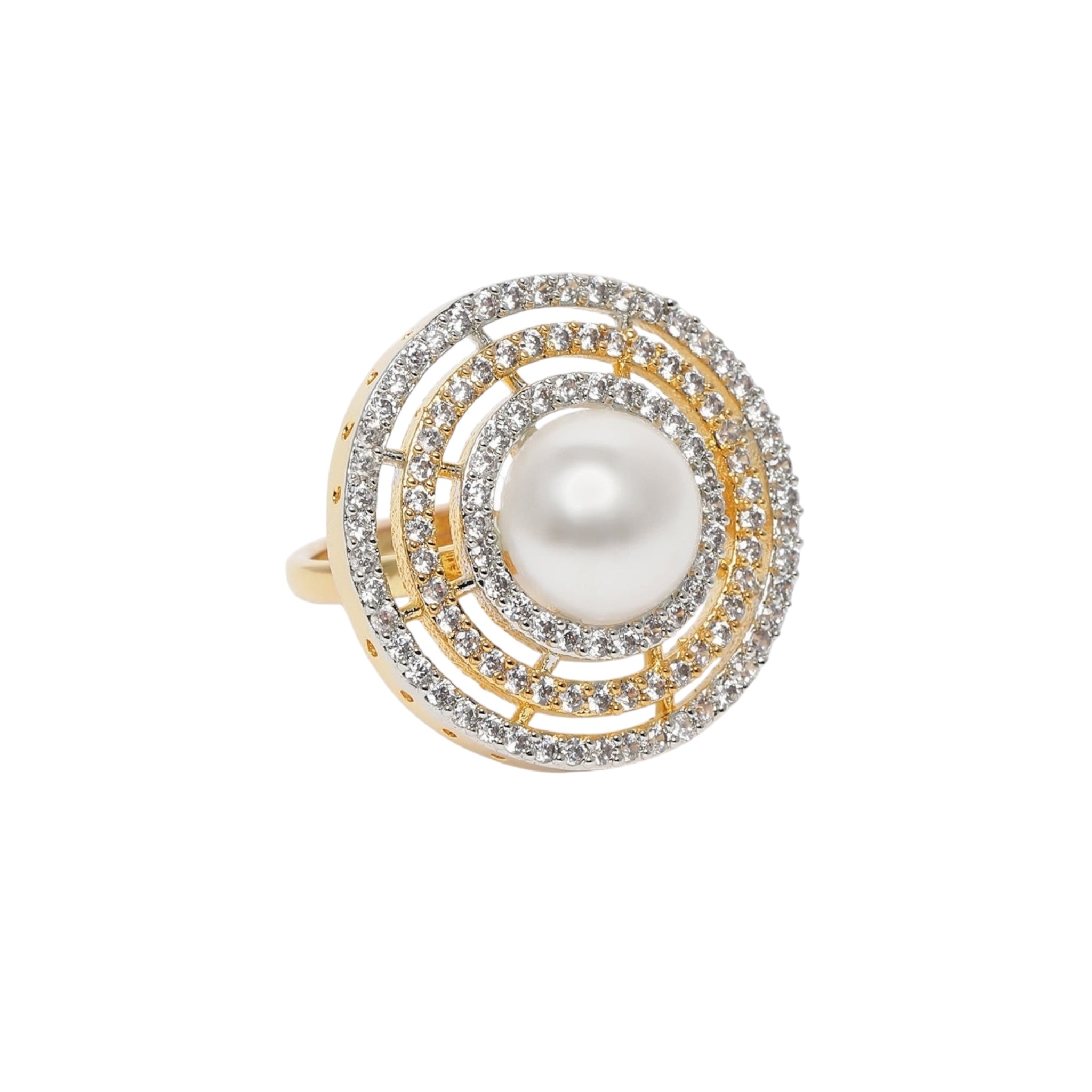 Lavish Giftz Clara Adjustable Cubic Zirconia Pearl Ring with Rhodium 2-Tone Plating