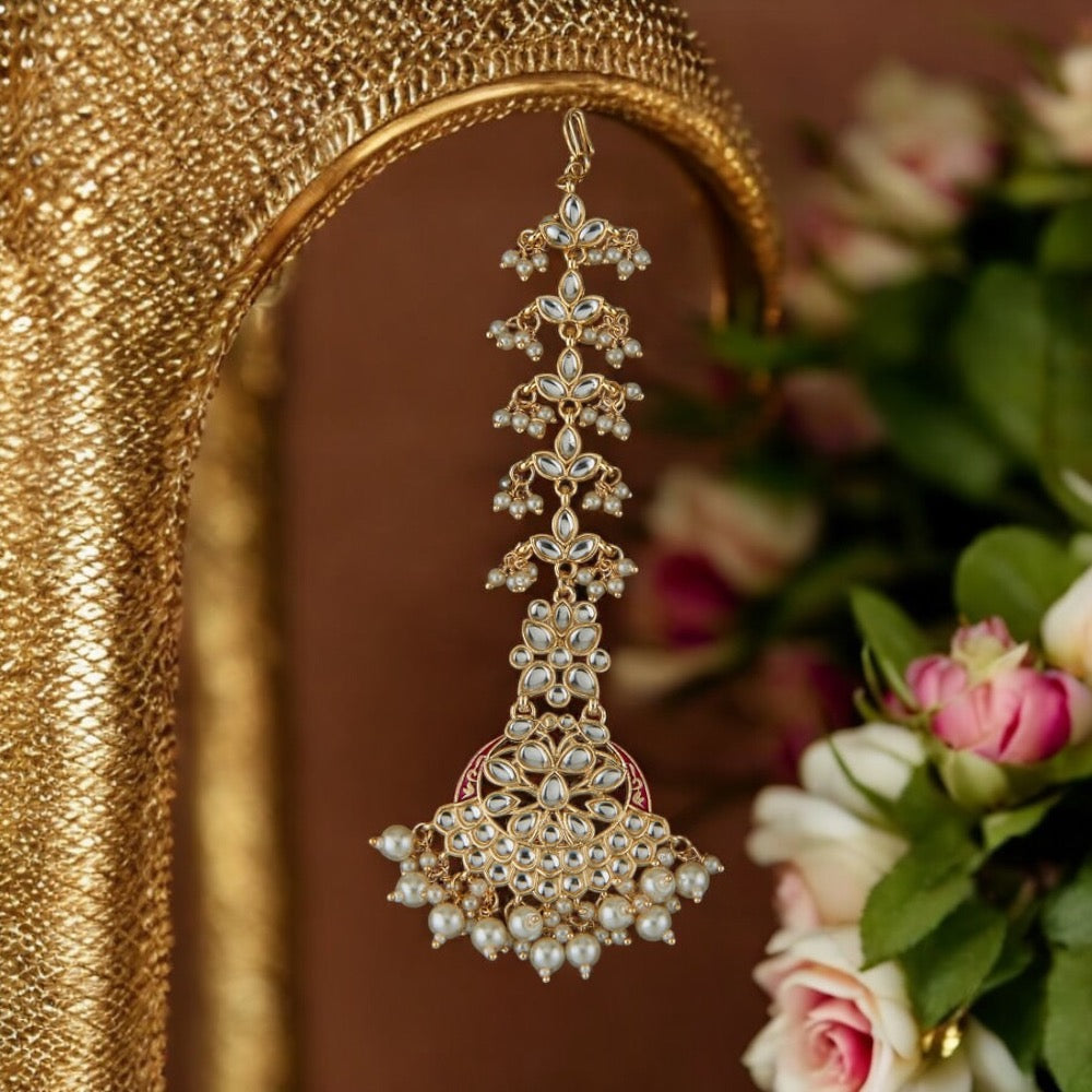 Lavish Giftz Gold Plated Classic Kundan Pearl Rani Maang Tikka