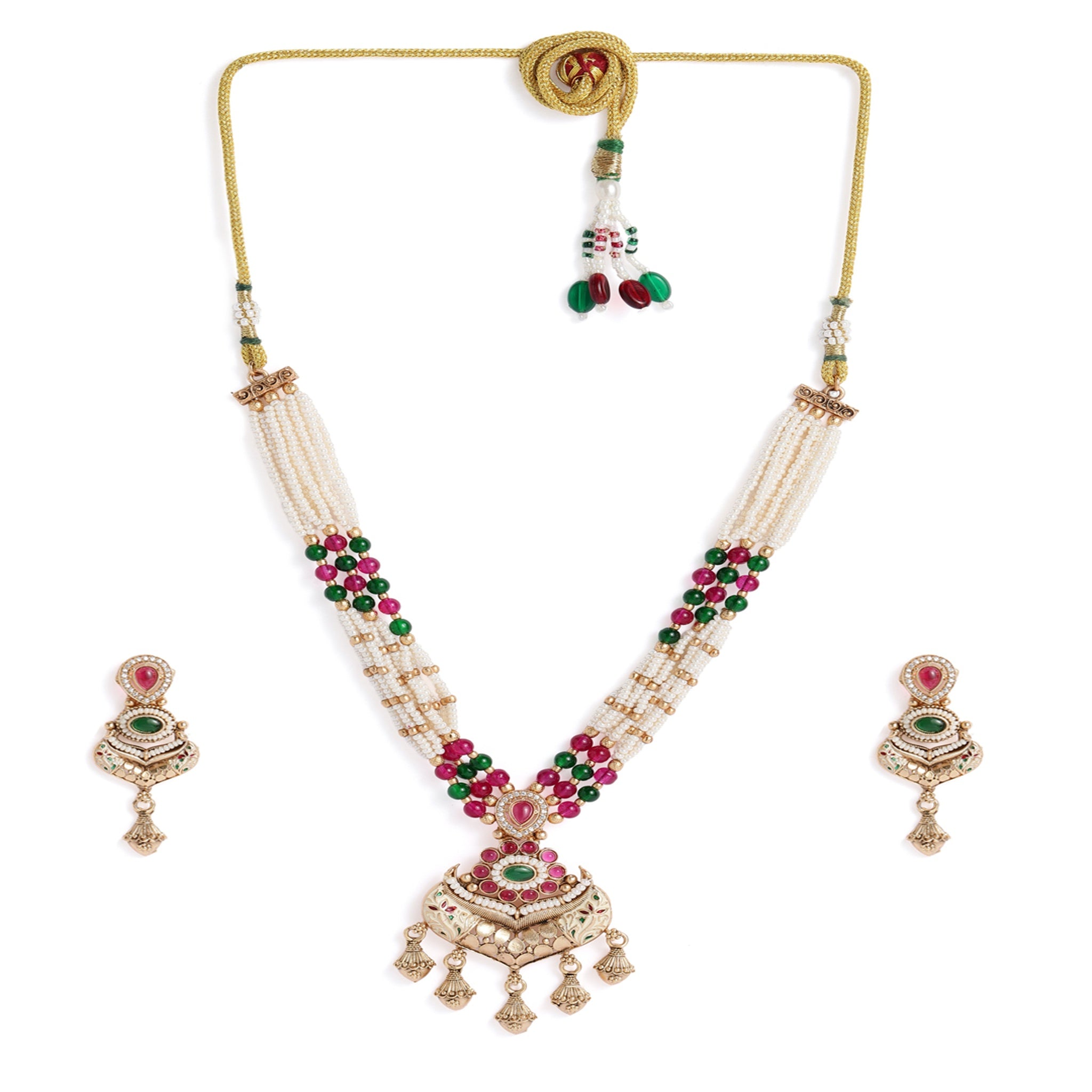 Gold-Plated Meenakari Antique Stones & Beads Studded Jewellery Set