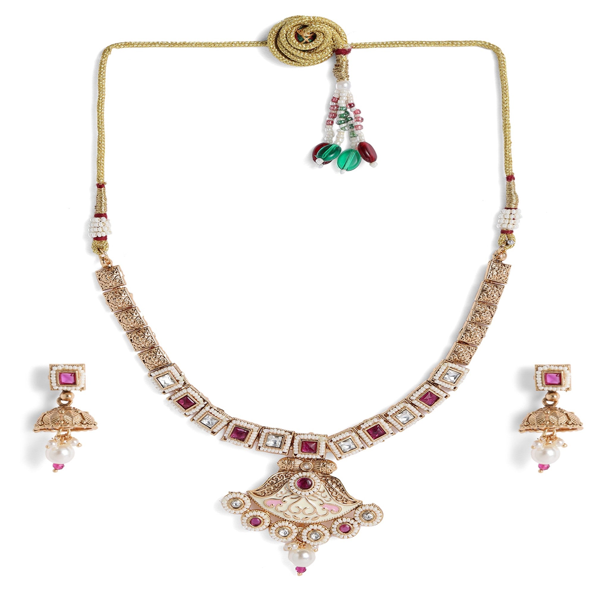 Gold Plated Antique Ruby Enamelled Necklace Set