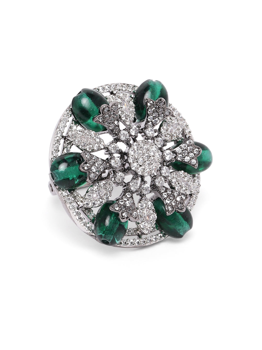 Lavish Giftz Adjustable Cubic Zirconia Green Statement Ring With Black Plating