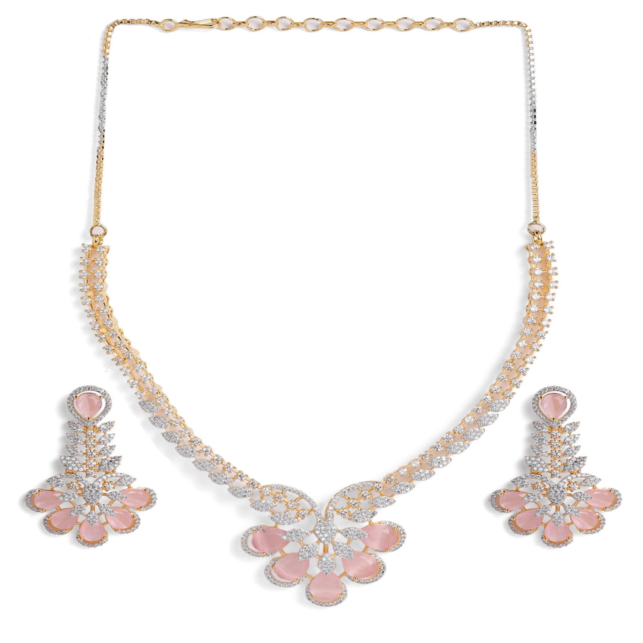 Gold Plated White & Pink AD-Studded Jewellery Set