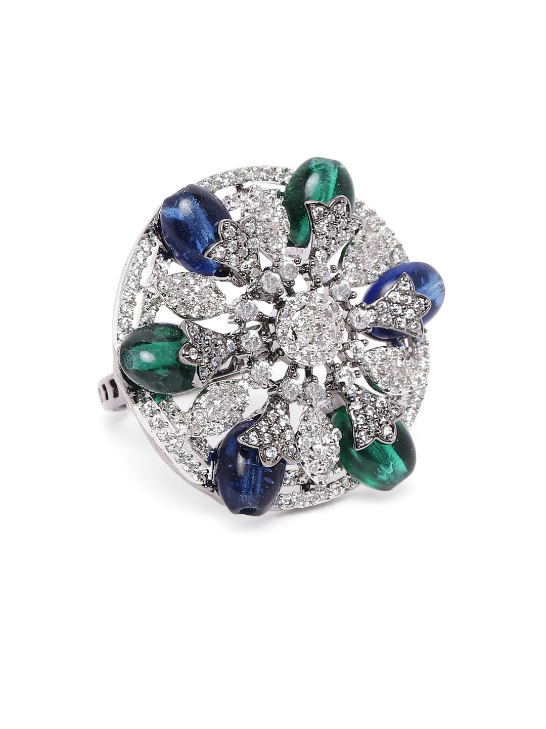 Lavish Giftz Adjustable Cubic Zirconia Blue Green Statement Ring With Black Plating