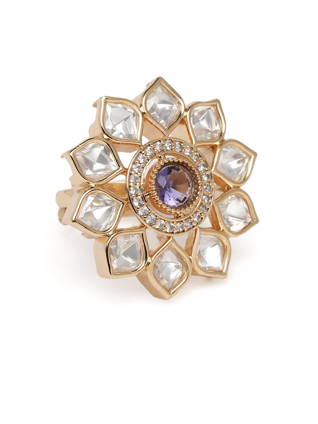 Lavish Giftz Gold-Plated Classic Mira Kundan Adjustable Kundan & Purple Stone Studded Handcrafted Finger Ring