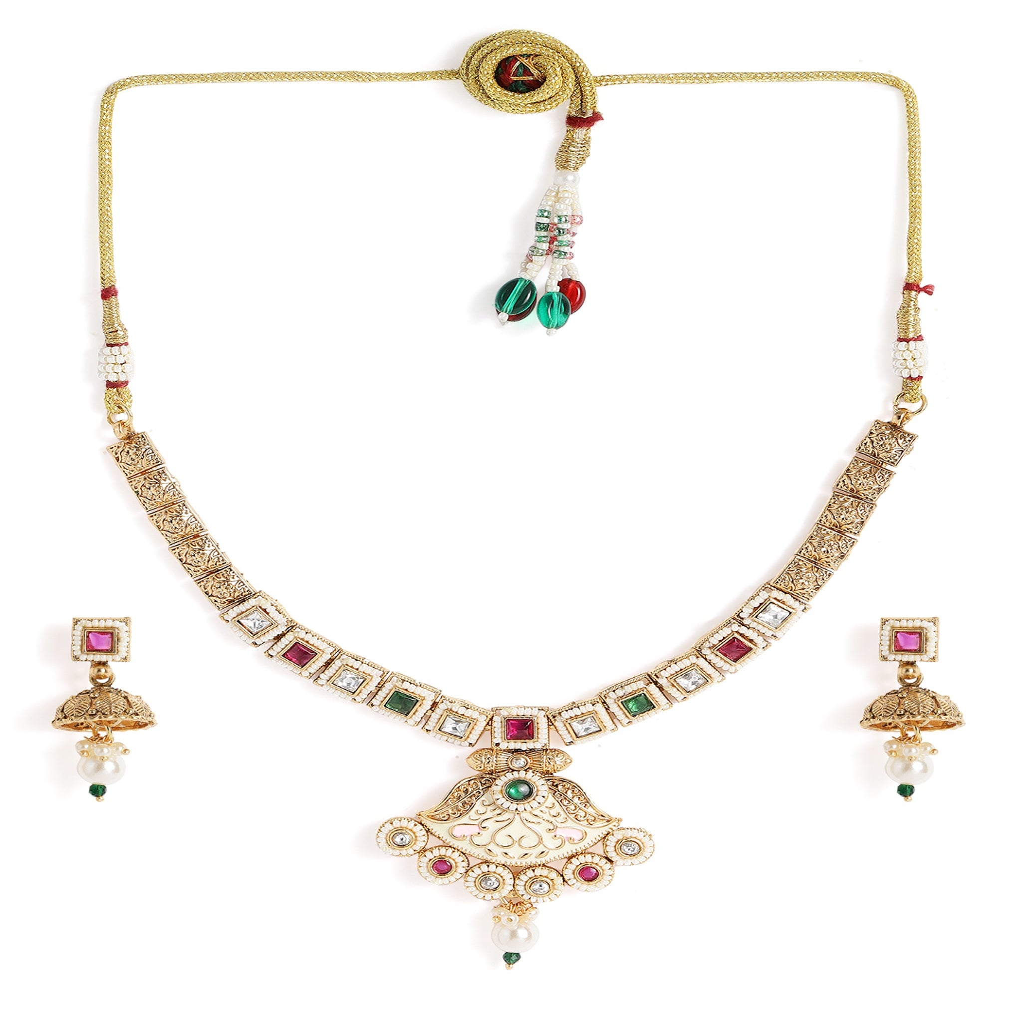 Gold Plated Antique Ruby Green Enamelled Necklace Set
