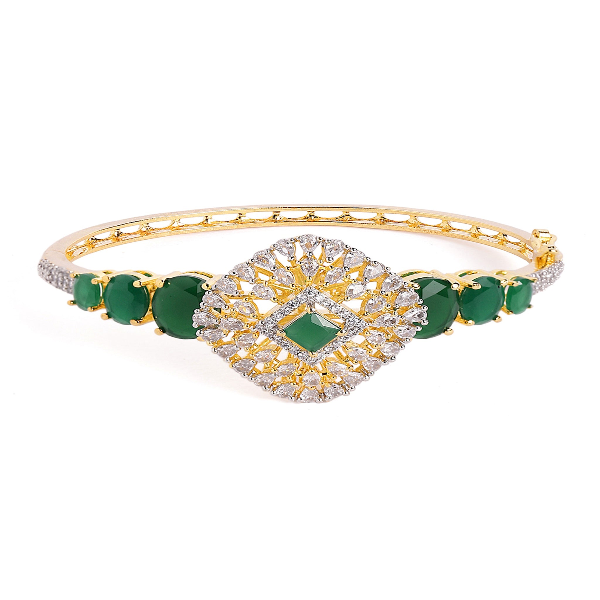 Women Cubic Zirconia Gold-Plated Kada Bracelet-Green