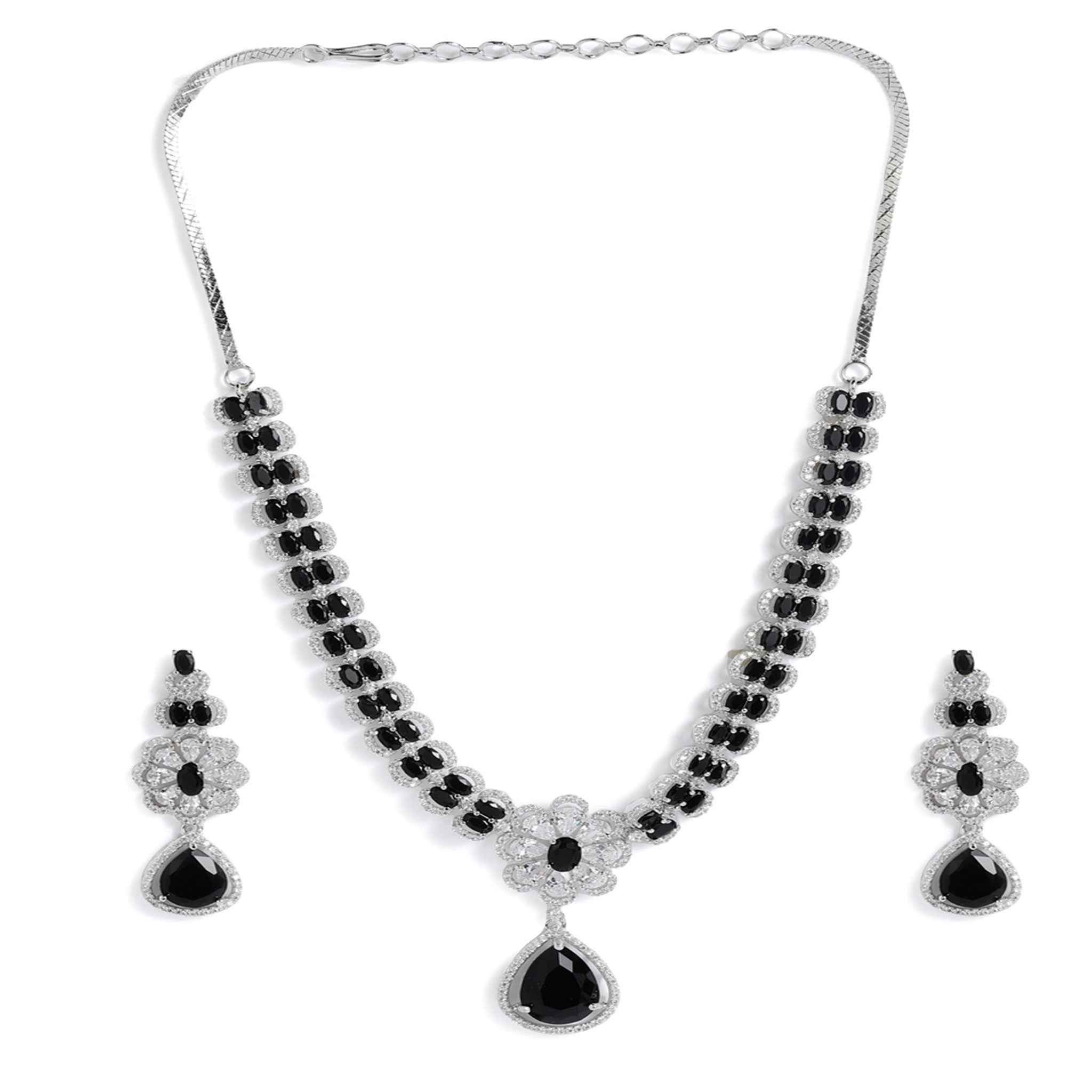Rhodium-Plated Silver-Toned & Black AD-Studded Jewellery Set