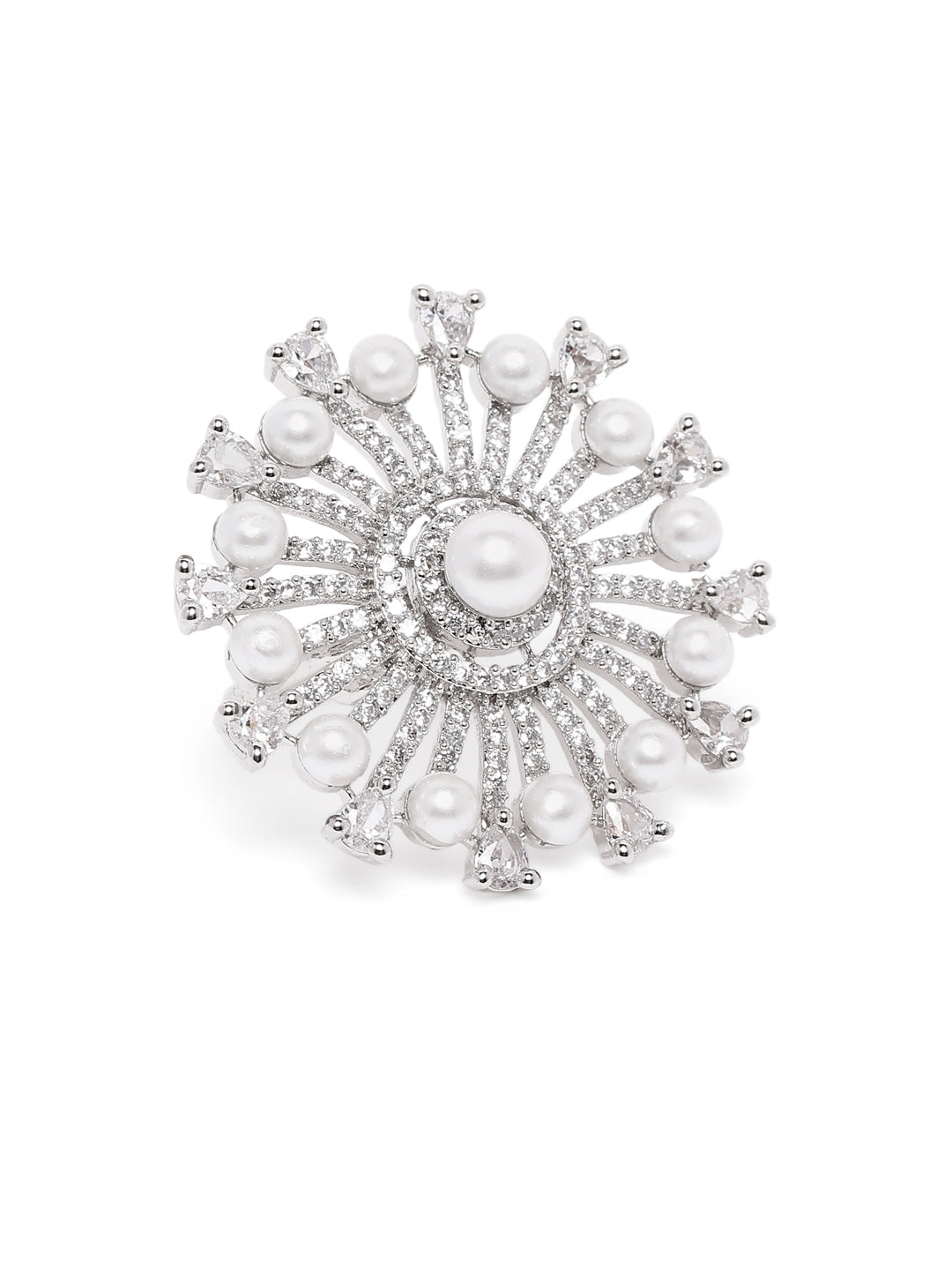 Lavish Giftz Elegant Cubic Zirconia Adjustable Ring with Pearls and Rhodium Plating