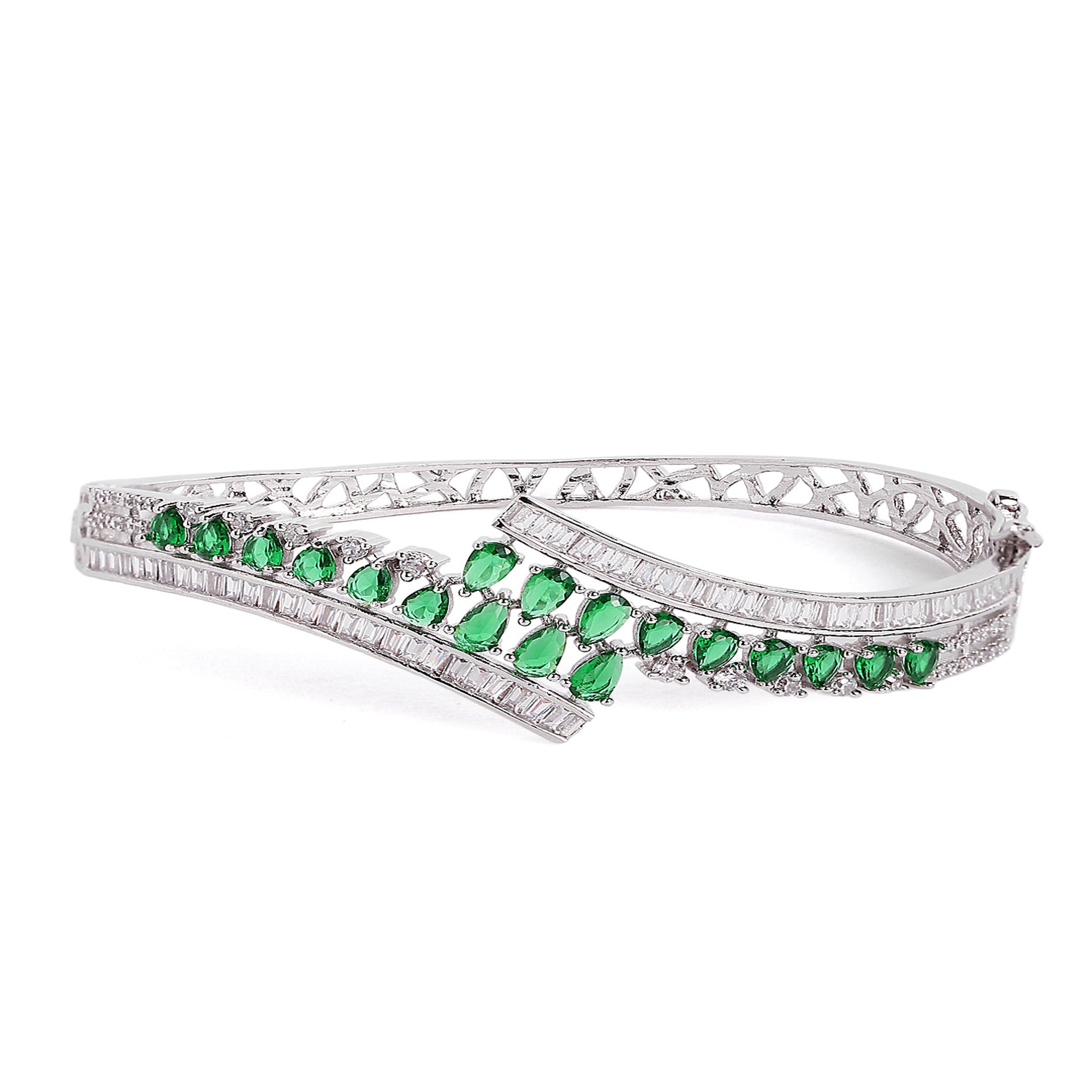 Women Cubic Zirconia Rhodium-Plated Kada Bracelet-Green