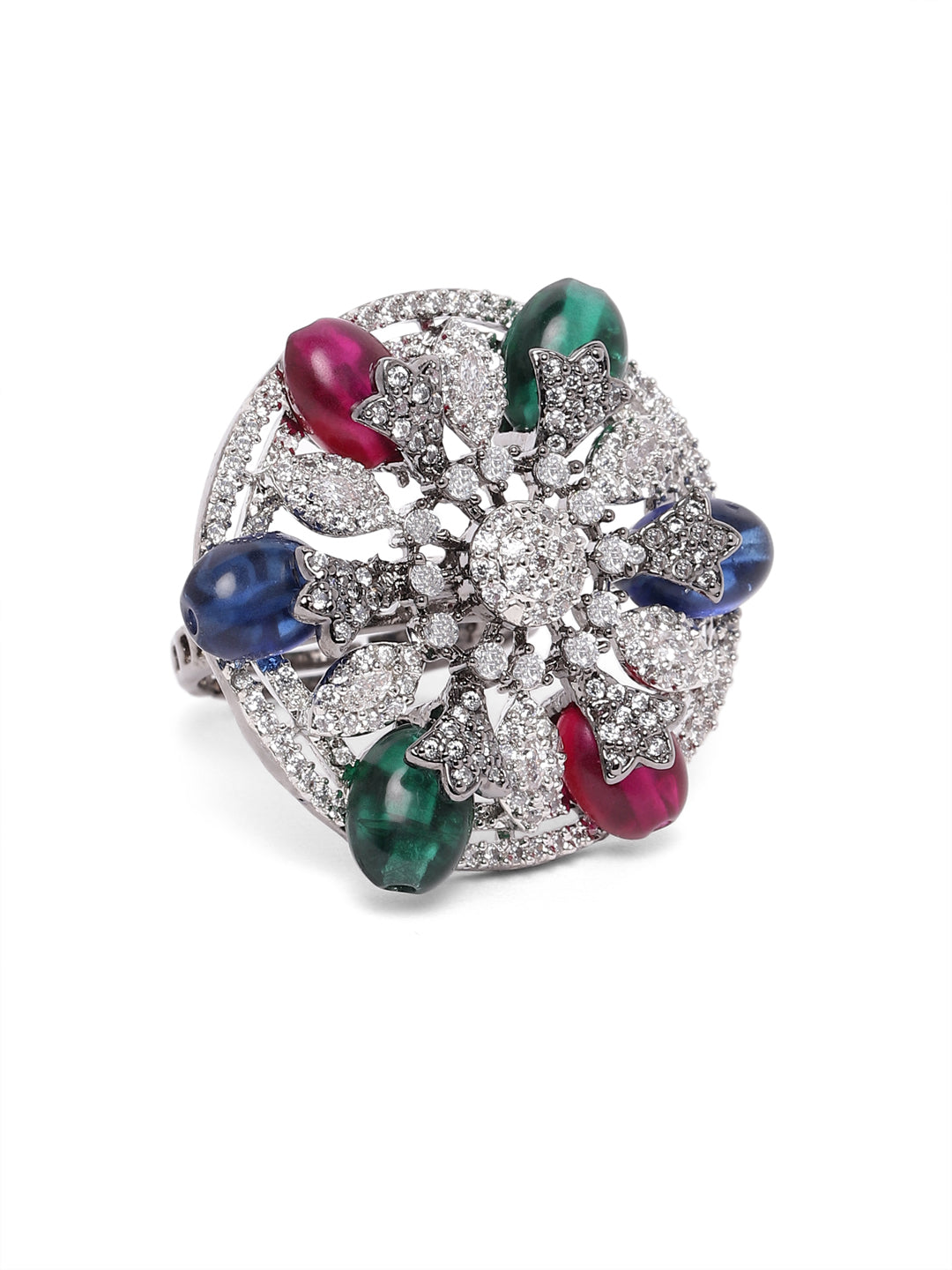 Lavish Giftz Adjustable Cubic Zirconia Rani Green Blue Statement Ring With Black Plating