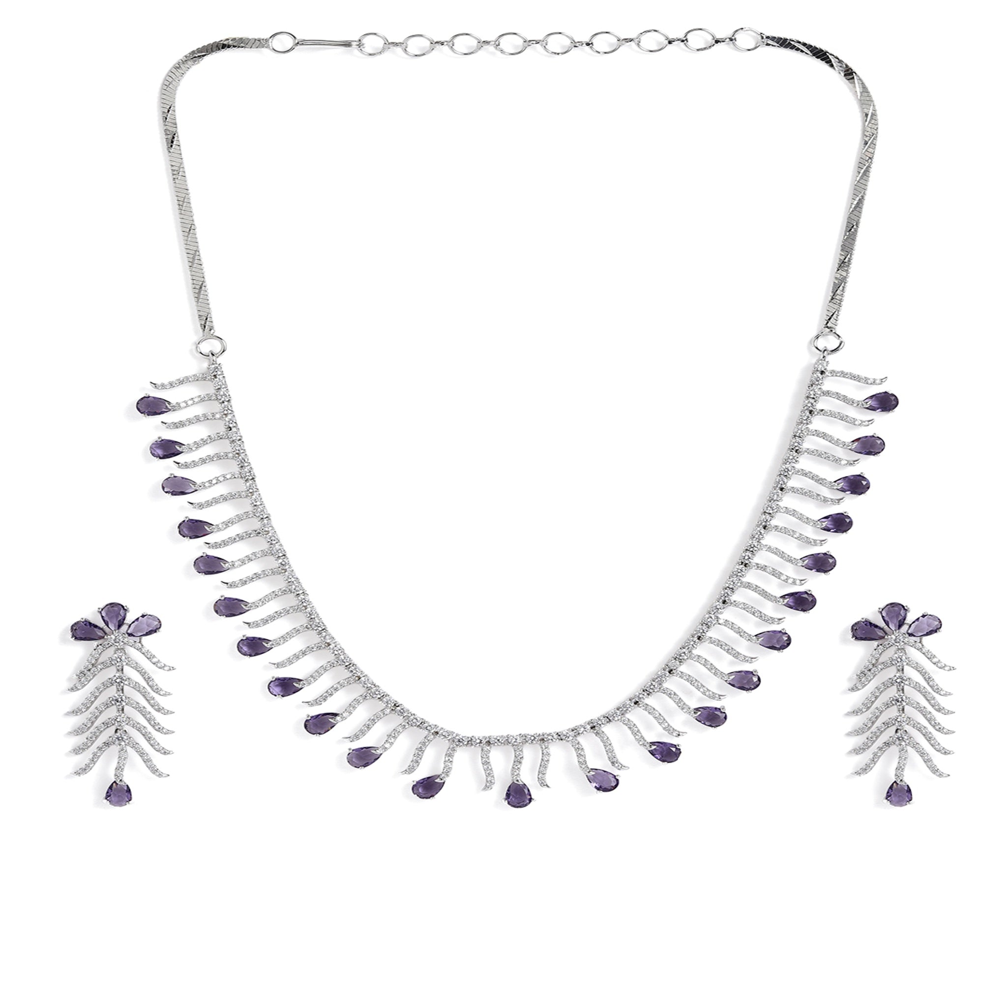 Rhodium-Plated White & Purple AD-Studded Jewellery Set