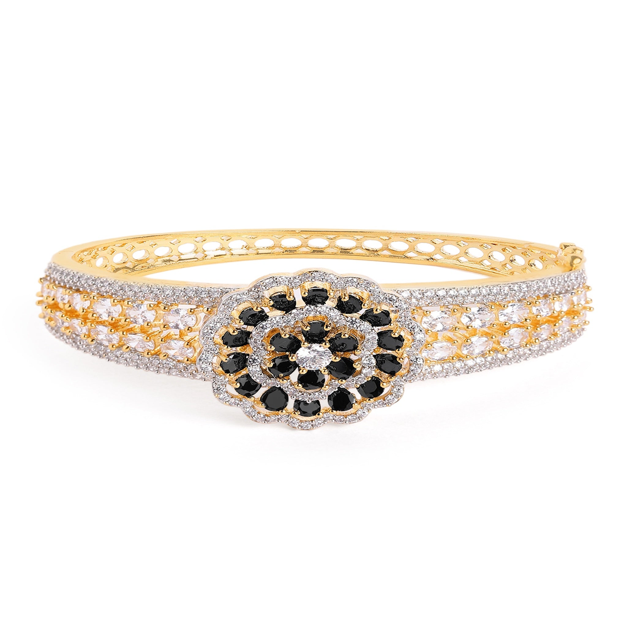 Women Cubic Zirconia Handcrafted Gold-Plated Kada Bracelet-Black