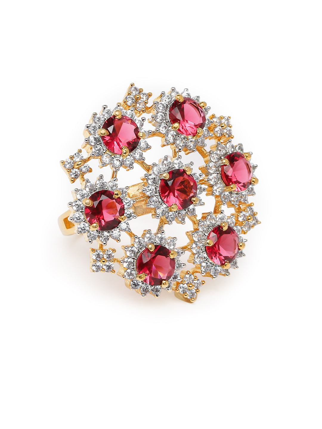Lavish Giftz Gold Plated Adjustable Ruby Cubic Zirconia Classic Statement Ring