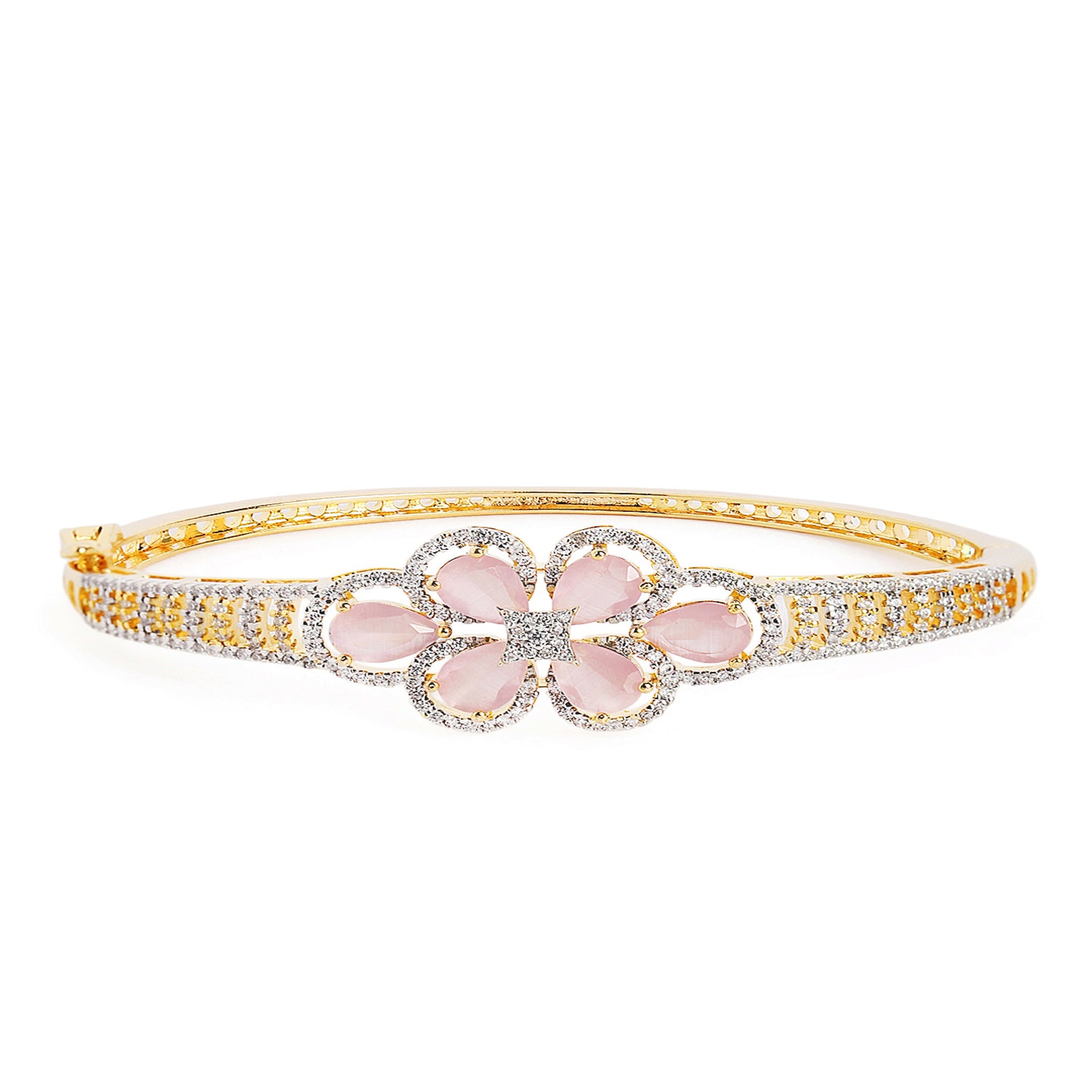 Women Gold-Plated Cubic Zirconia Studded Kada Bracelet-Pink
