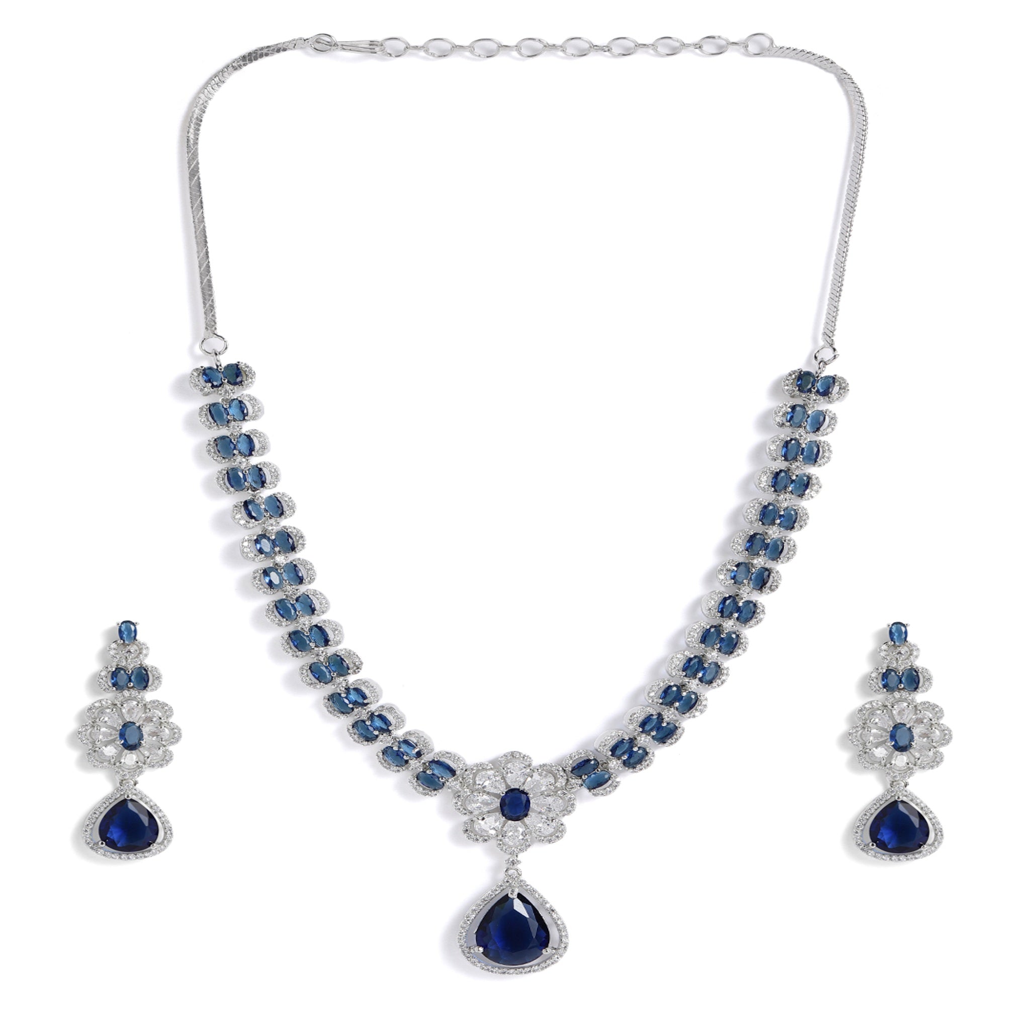 Rhodium-Plated Silver-Toned & Blue AD-Studded Jewellery Set