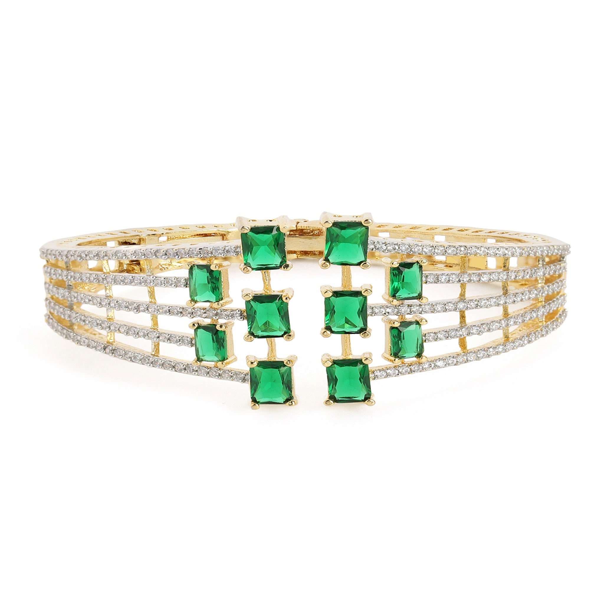 Women Cubic Zirconia Gold-Plated Kada Bracelet-Green
