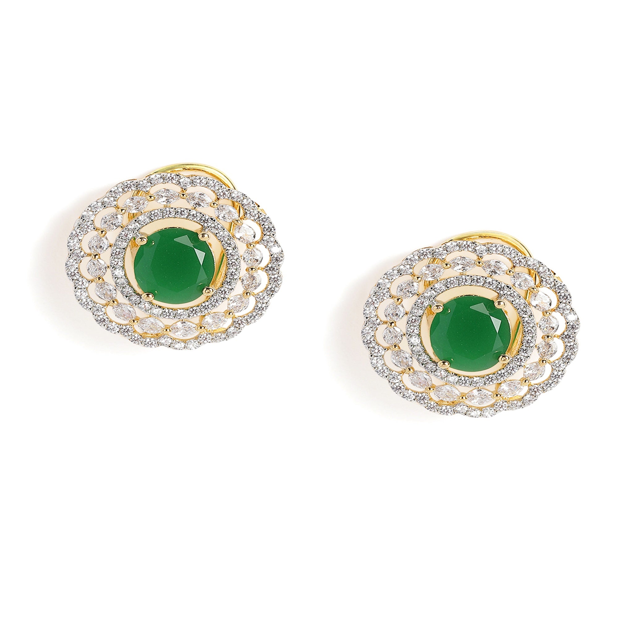 Gold Plated Green American Diamond Stud Earrings