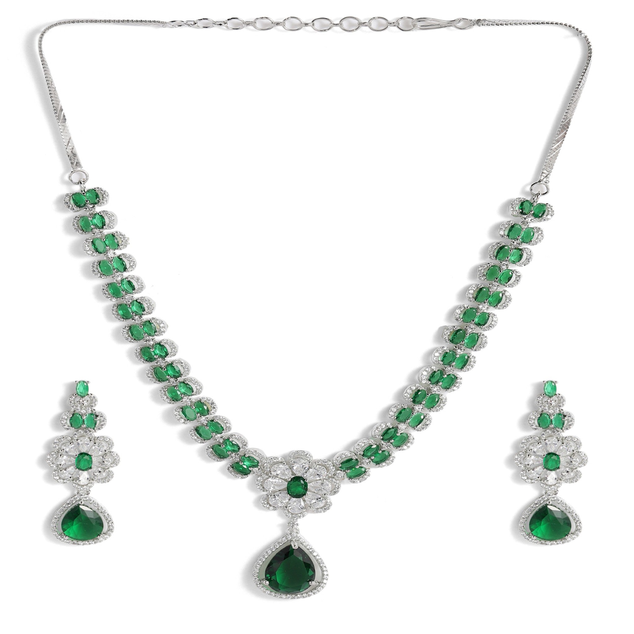Rhodium-Plated Silver-Toned & Green AD-Studded Jewellery Set