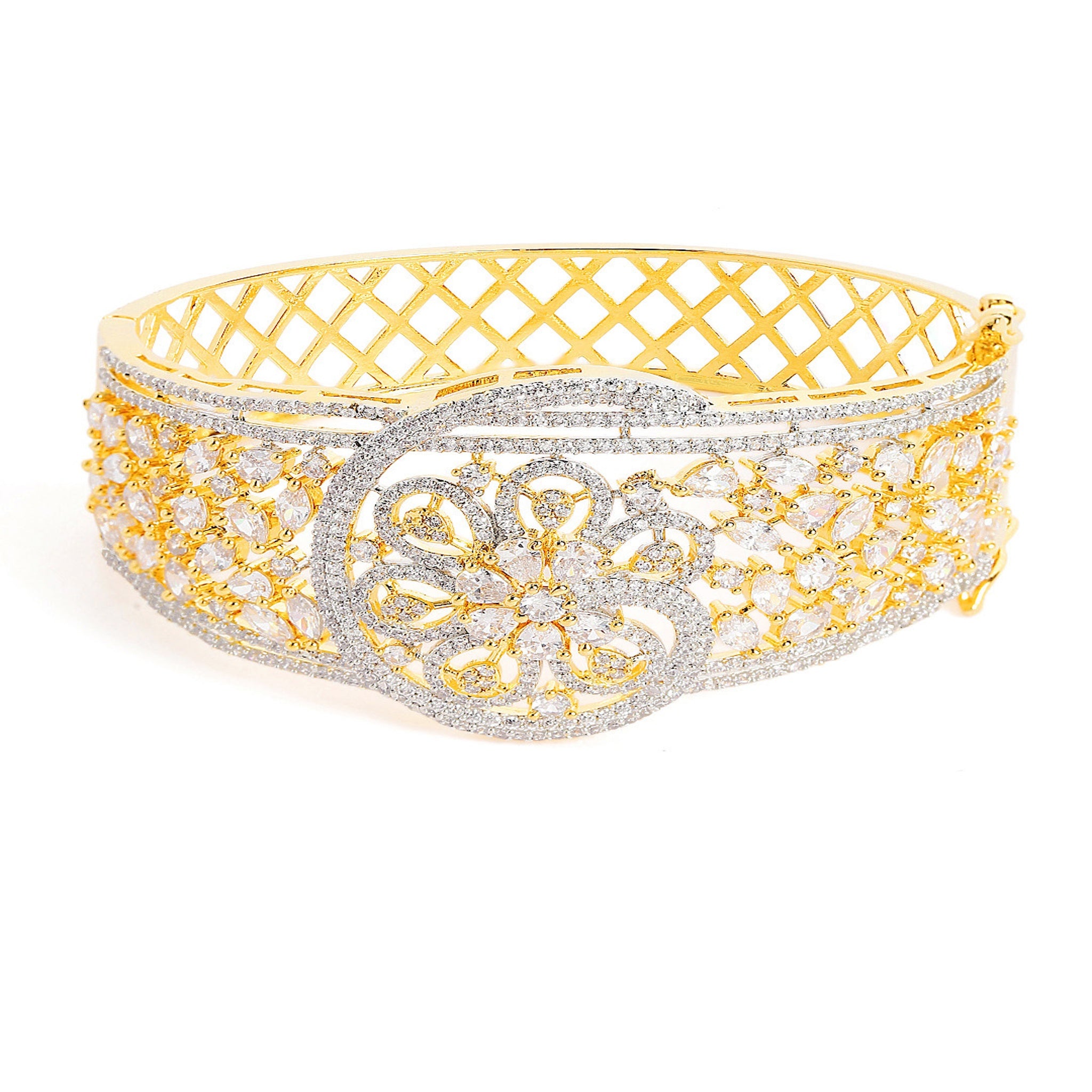 Women Cubic Zirconia Gold-Plated Kada Bracelet-2Tone