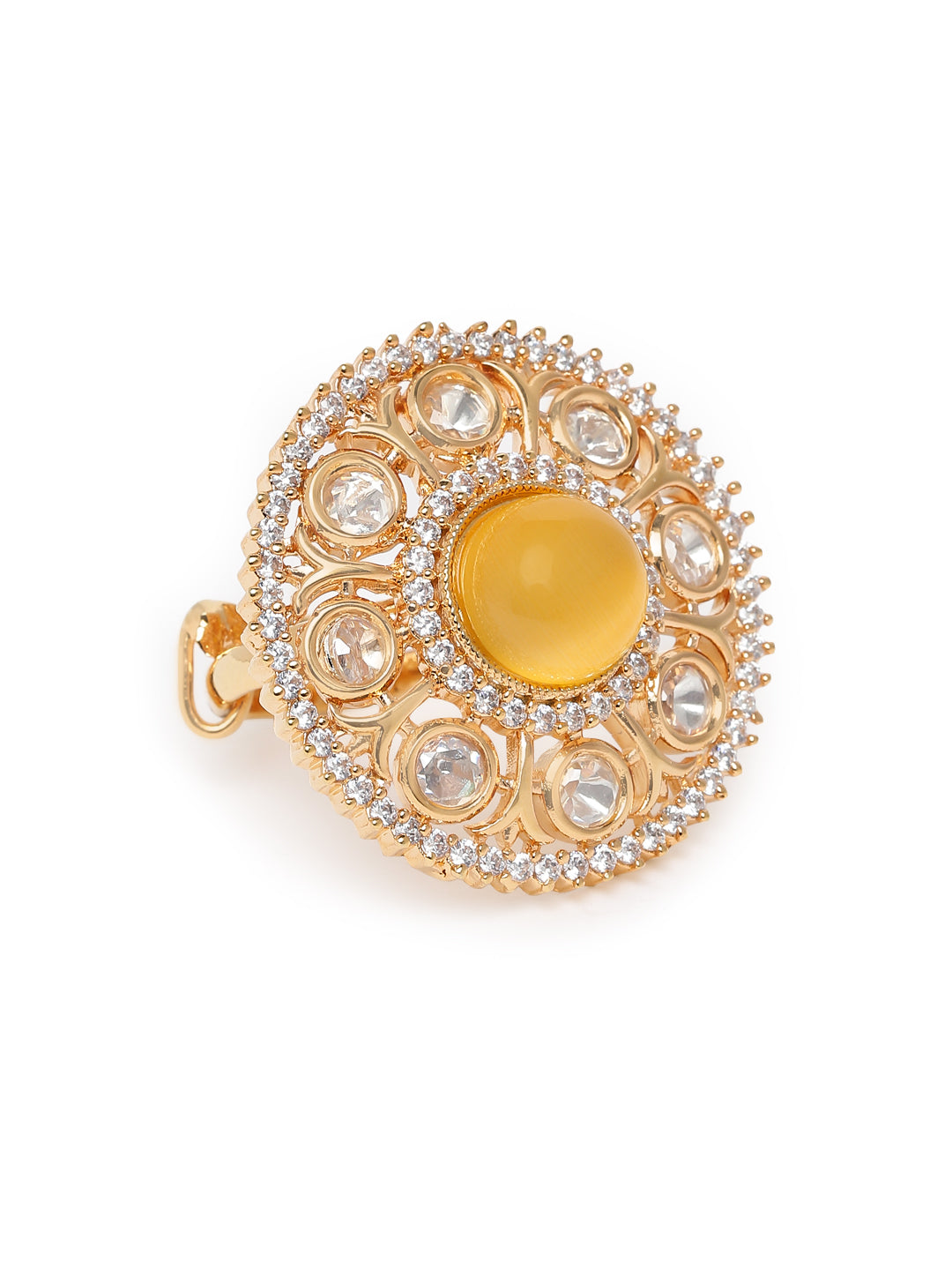 Lavish Giftz Gold-Plated Orange Round Stone & Kundan Studded Adjustable Handcrafted Finger Ring
