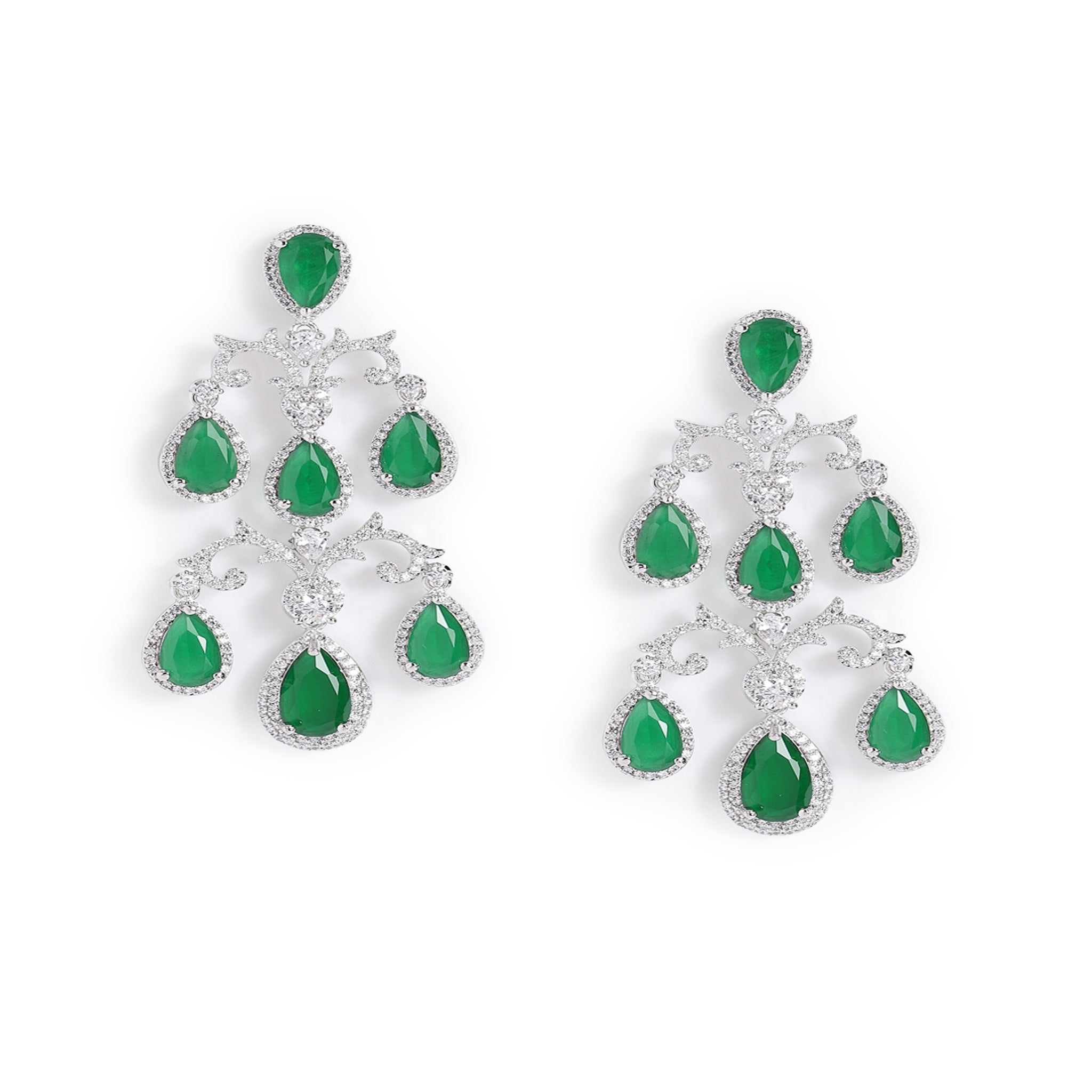 Silver-Toned Emerald Green American Diamonds Long Earrings