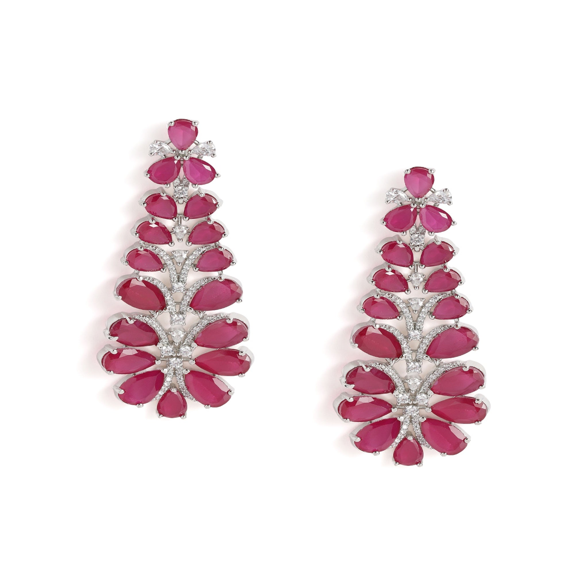 Silver-Toned American Diamonds Ruby Chandeliar Earrings