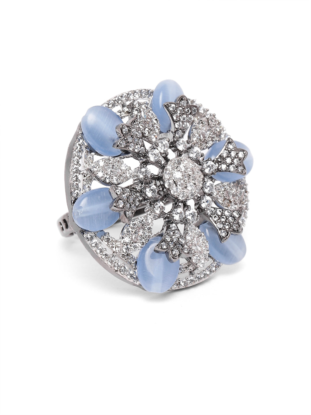 Lavish Giftz Adjustable Cubic Zirconia Light Blue Statement Ring With Black Plating