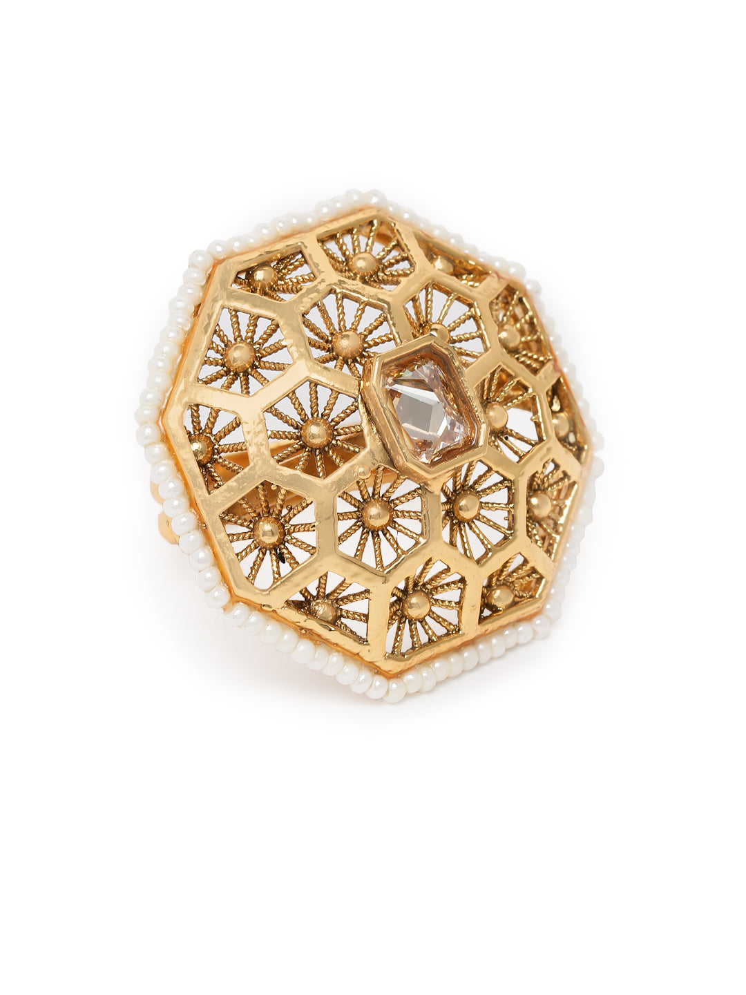 Lavish Giftz Gold-Plated Antique Adjustable Kundan Handcrafted Finger Ring With Pearl Accents