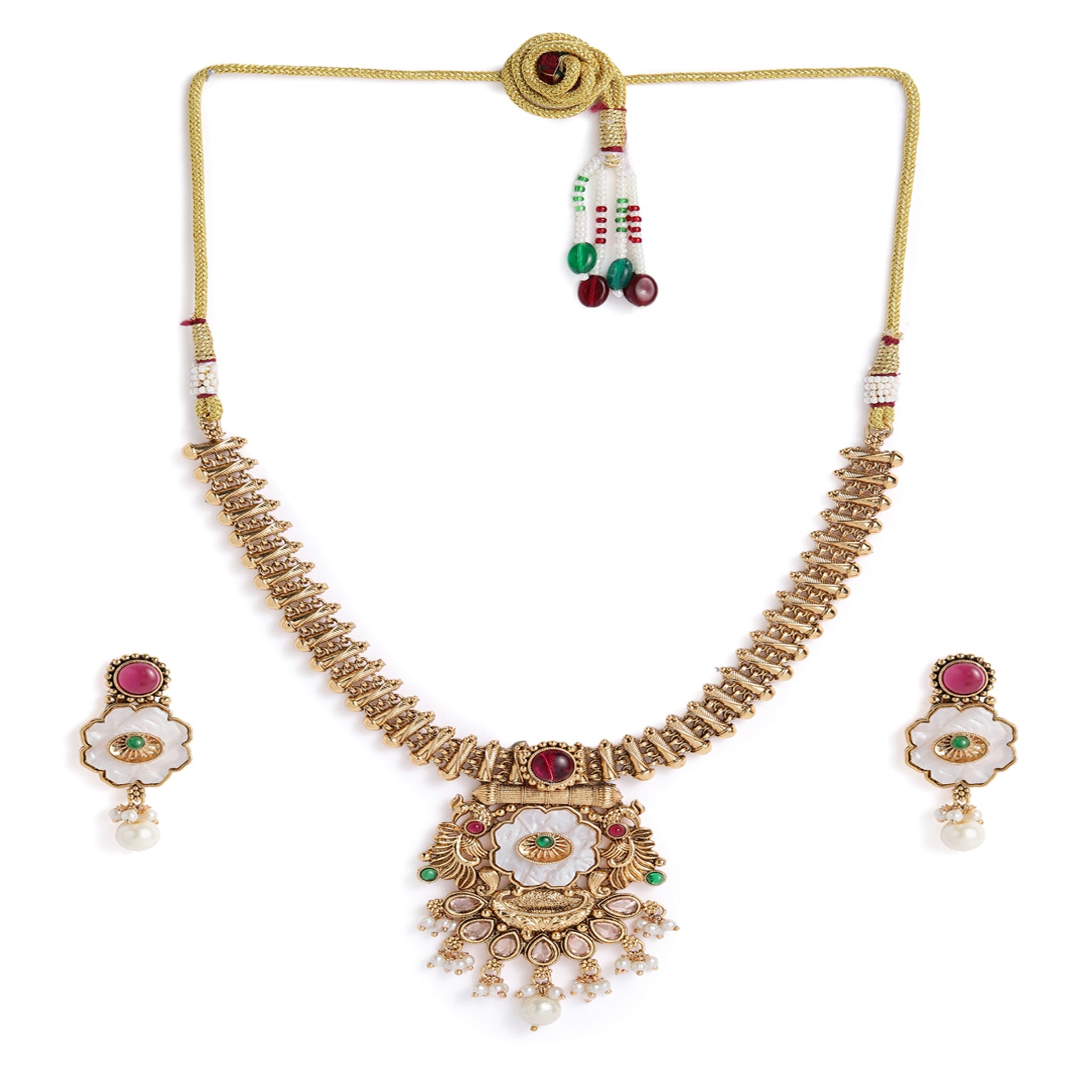 Gold Plated Mother Of Pearl Ruby Green Necklace Set